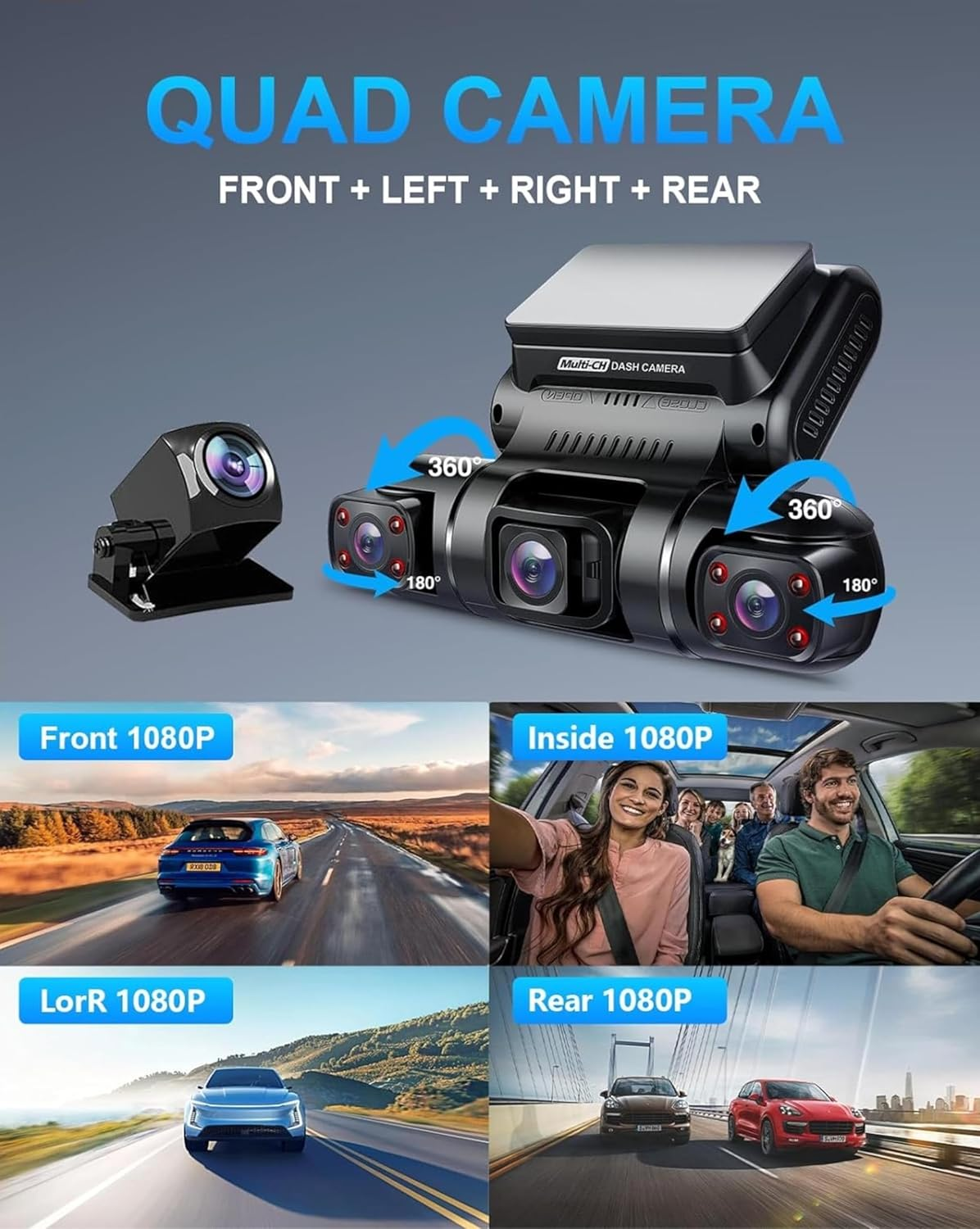 Rhorawill 360&deg; View 4 Channel Dash Cam Front and Rear inside Left Right,Car Dashboard Recorder with 5G Wifi Gps,Quad Dash Camera for Cars,Parking Mode,Night Vision,150&deg; Wide Angle 3&rdquo; Tft,Free 128GB