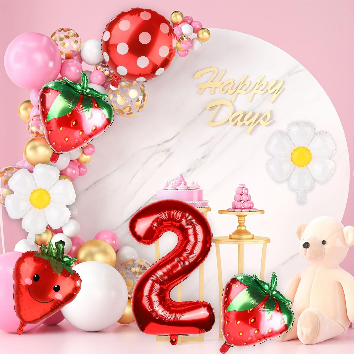7Pcs Strawberry Party Balloons Kit, Strawberry Balloon Garland Sweet Number Strawberry Party Decorations Strawberry Foil Balloons for Birthday Backdrops (Number 2) image number 2