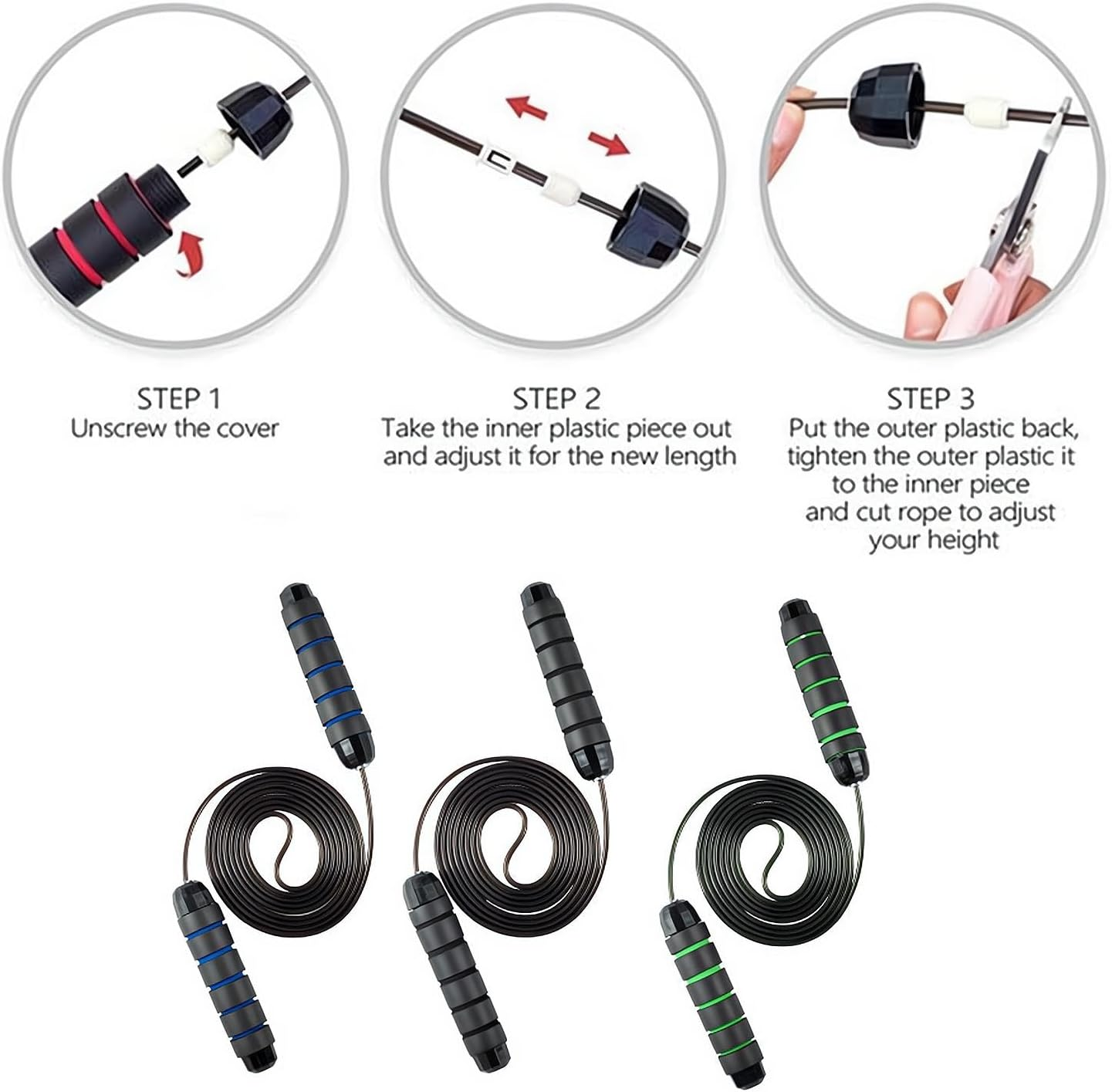 3Pack Skipping Rope with Ball Bearings Tangle-Free Rapid Speed Steel Wire,Light Weight Length Adjustable, Memory Foam Anti-Skid Handles Fitness for Women,Men and Children Fitness(3 Colors) image number 5