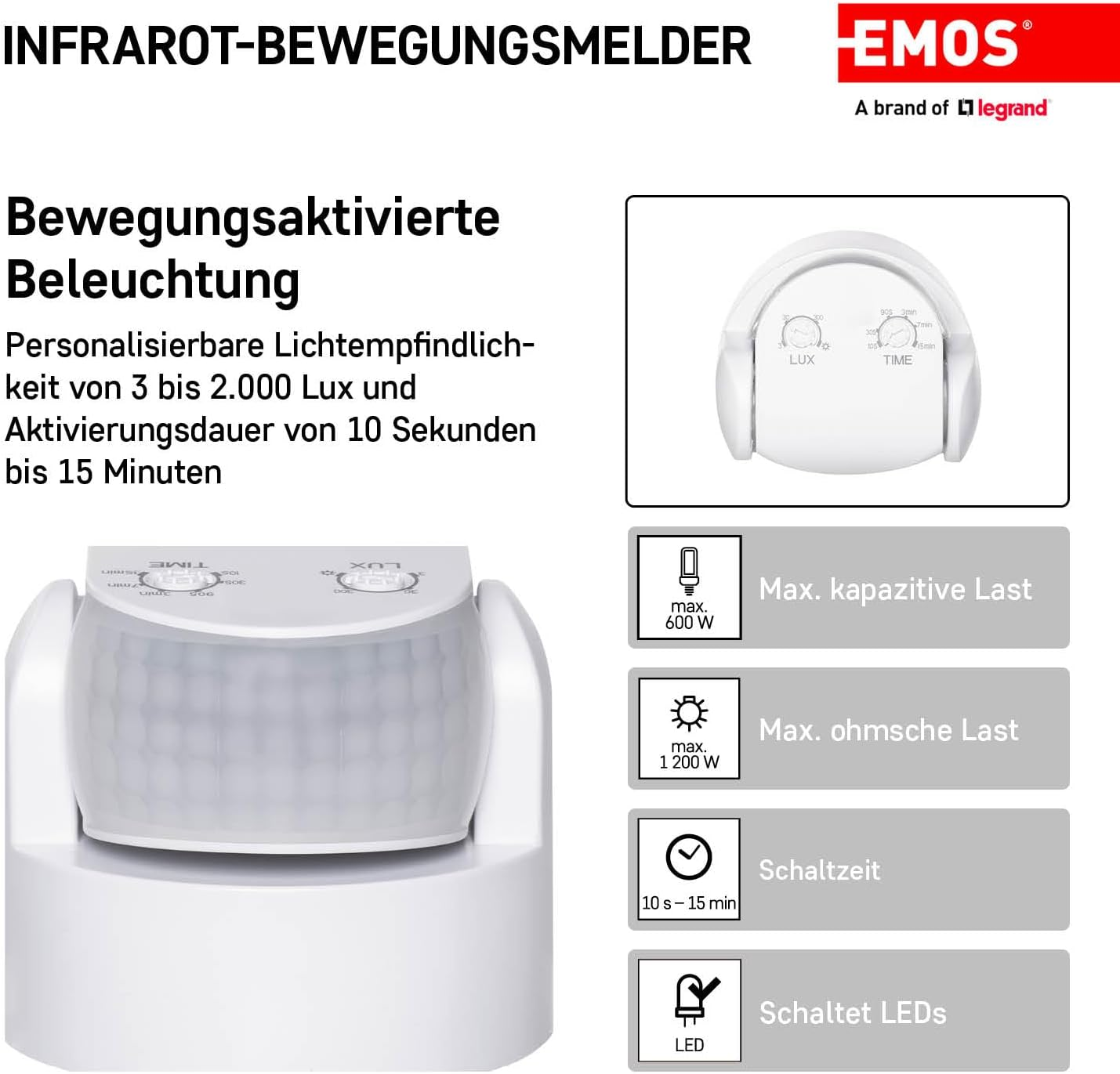 EMOS G1240 Infrared Motion Detector Waterproof-Range 12 M-Sensitivity 3-2000 Lux-Detection Angle 180&deg; -Switching Time 10 Sec to 15 Min-230 V for Surface Mounting-For Indoor and Outdoor Use-White image number 5