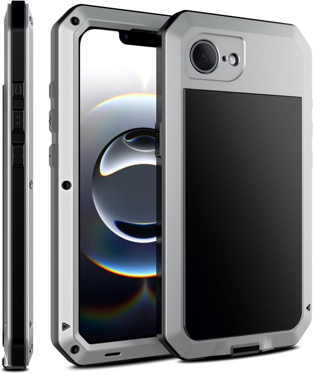 LOVE MEI Compatible with Iphone 16E Metal Case, Outdoor Sports Military Heavy Duty Shockproof Dustproof Hybrid Aluminum Silicone Tempered Glass Hard Case (Silver) image number 4