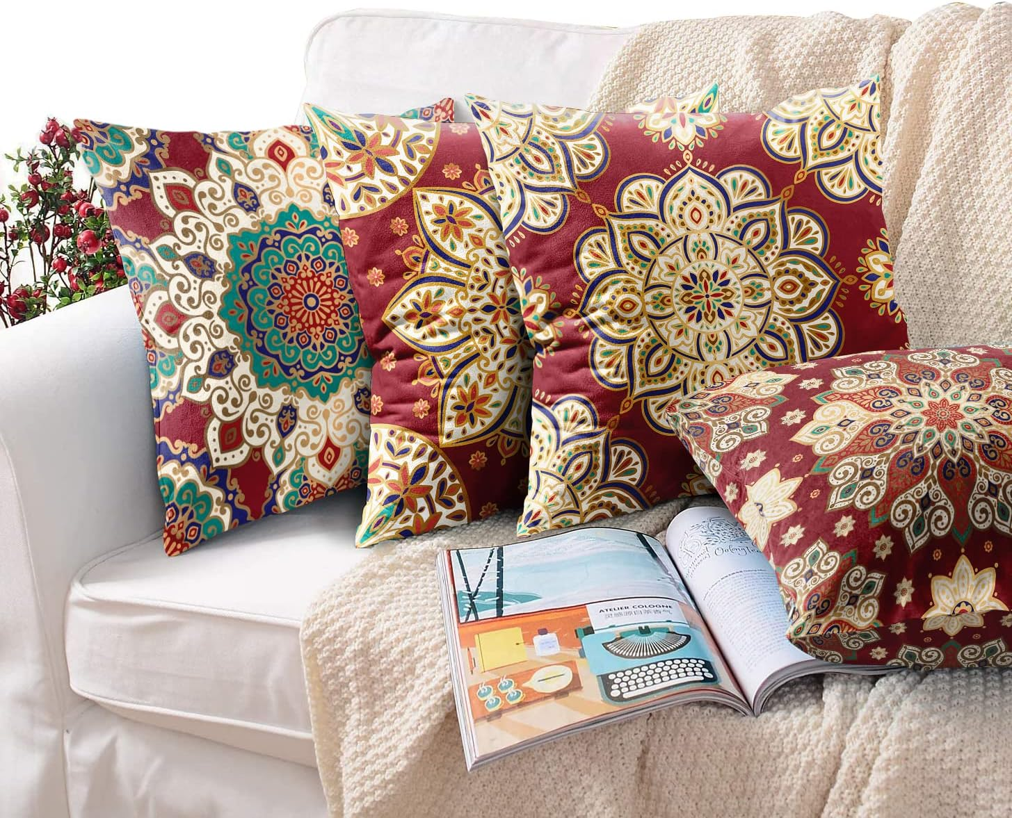 Britimes Throw Pillow Covers, Red Mandala Ethnic Flower Home Decor Set of 4 Pillow Cases, 18 X 18 Inches Sofa Cushion Couch Sofa Pillowcases Decorative image number 4