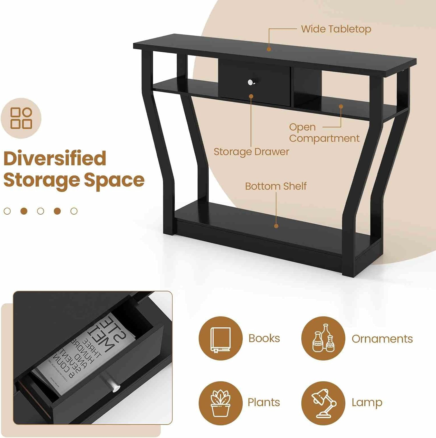Costway Console Table, Side Table with 3-Step Storage Space and Drawer, Hallway Table for Living Room & Entrance Area & Dining Room, Loadable up to 60 Kg with Antique Tip Design, Made of MDF image number 5