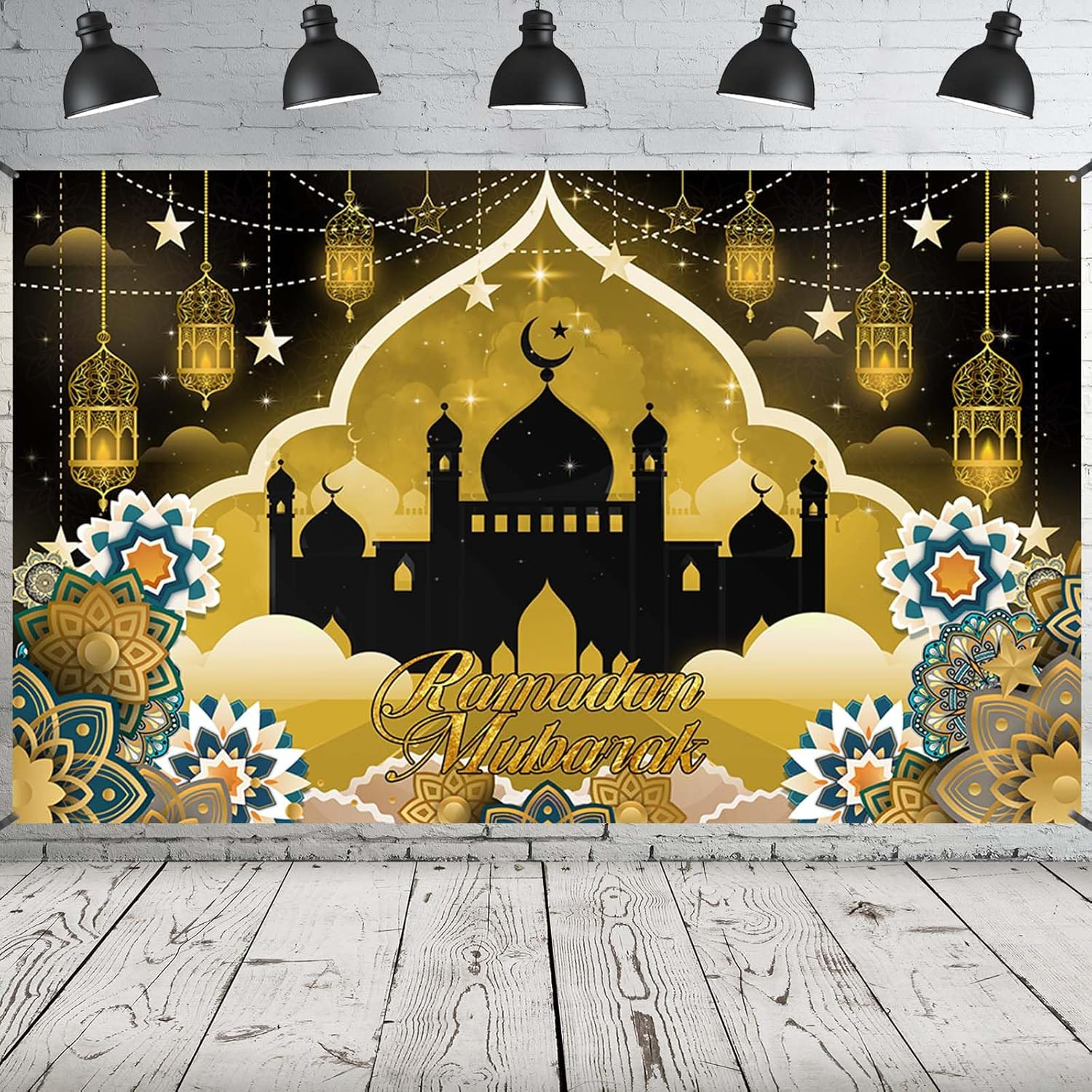 Ramadan Mubarak Banner, Extra Large Fabric Eid Kareem Background for Decorations, 72 X 44 Inch Star Moon Lanterns Castles Photo Booth Background for Islamic Muslim Al-Fitr Party Supplies image number 6