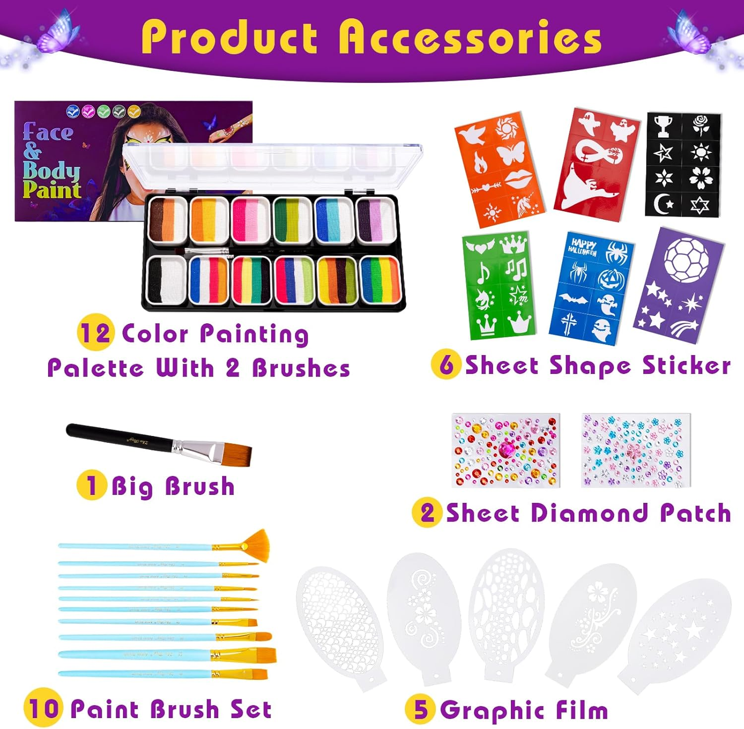 Face Paint Kit-12 Split Cake Palettes Face Painting Kit Professional with Stencils for Kids Adults, Rainbow Non Toxic Water Activated Facepaint Makeup Kit with Brush Set for Party,Halloween,Christmas image number 5