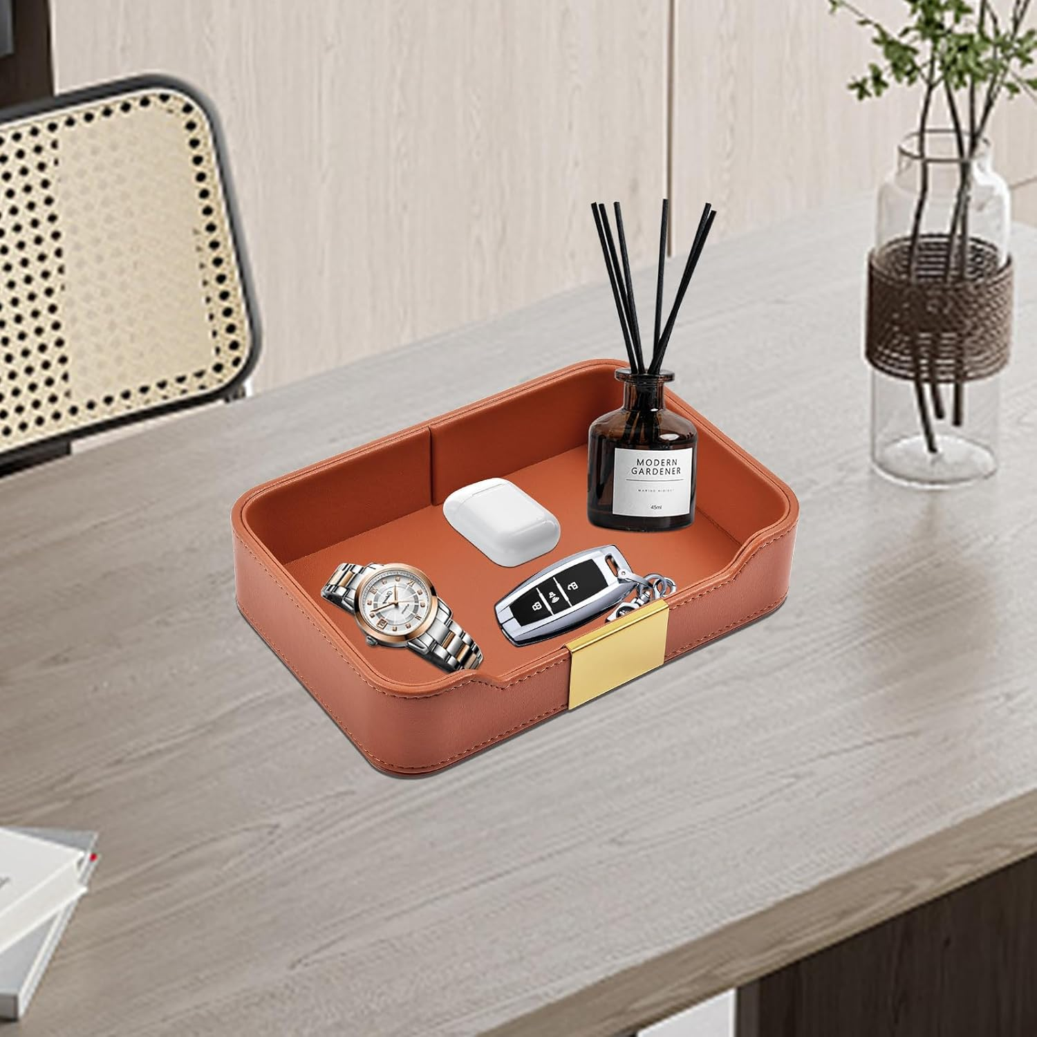 RHCSZ Leather Desktop Storage,Small Catchall Organizer,Luxury Decorative Tray,For Entryway Table to Hold Jewelry,Watch,Keys,Phone,Wallet,Orange, Hardware Tray-01 image number 2