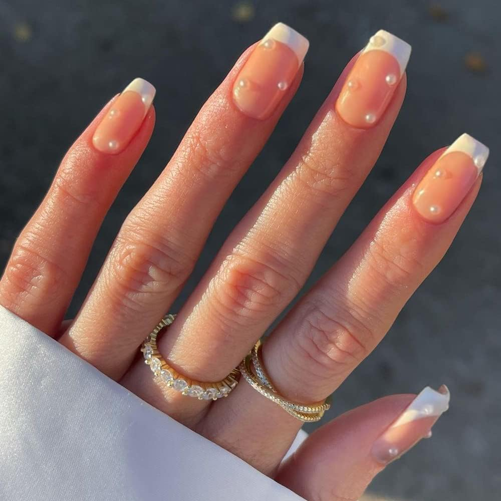 KXAMELIE Square Nude Nails for Gluing Short with Beads Designs, Shiny White French Acrylic Nails, Full Cover, Short Coffin False Nails for Women and Girls, 24 Pieces image number 5
