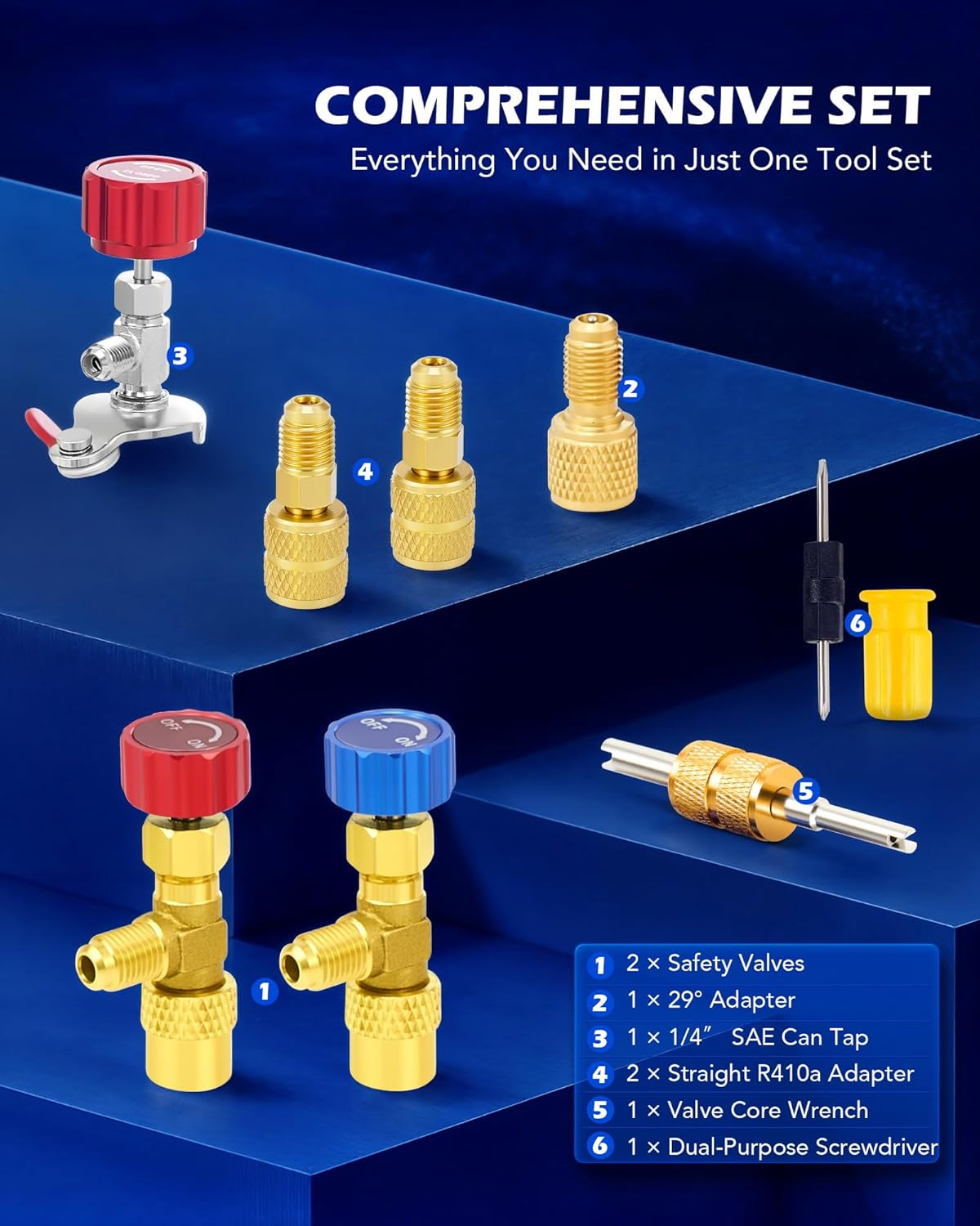 R410A Manifold Gauge Set with 3 Hoses, Safety Valves, Adapters, Universal Can Tap - AC Recharge Kit image number 6