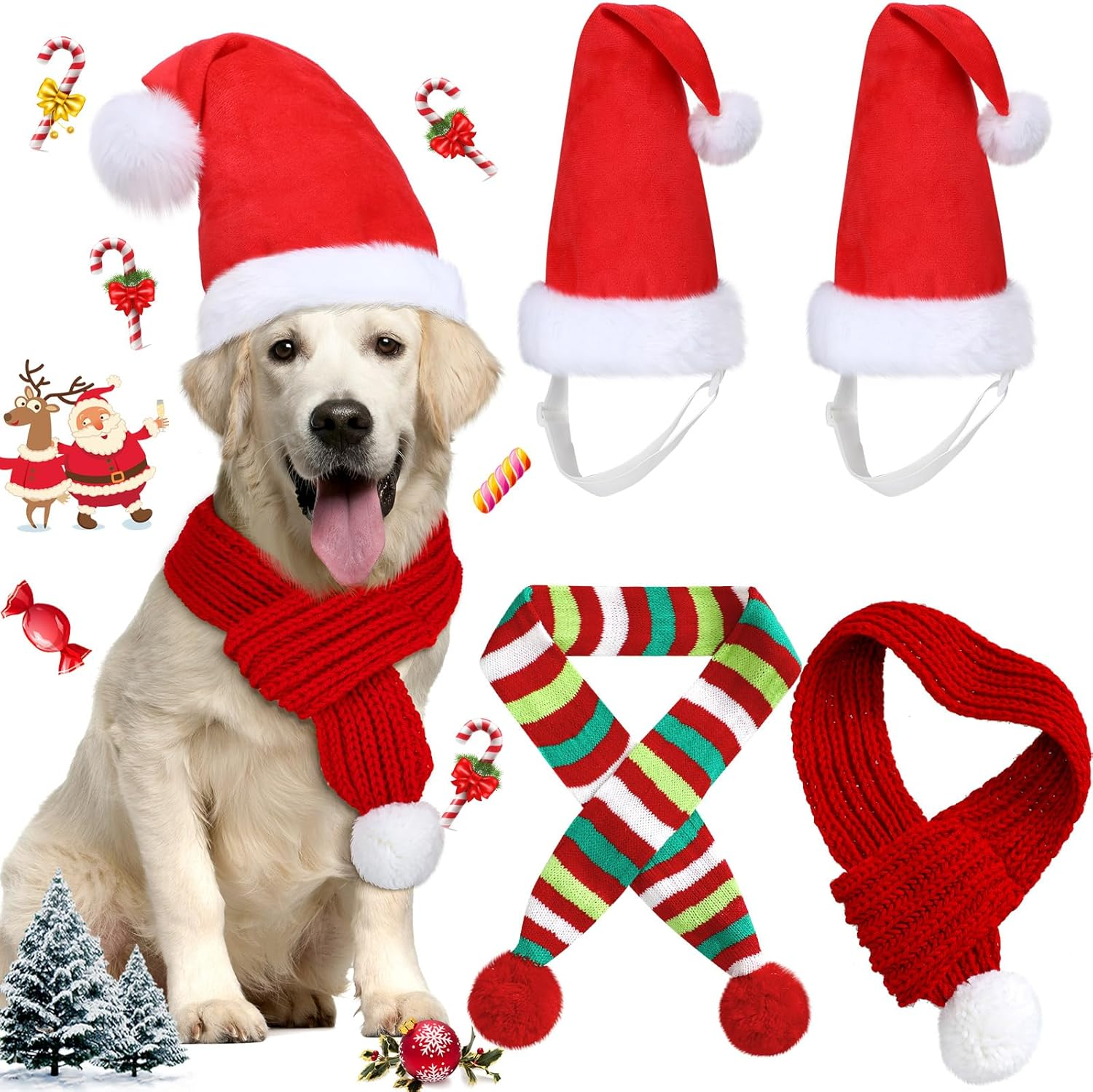 Frienda 4 Pcs Christmas Santa Hat 2 Adjustable Dog Christmas Outfit Costume Hat and 2 Knit Red Scarf Winter Pet Accessory for Small Medium Large Dog(Large) image number 3