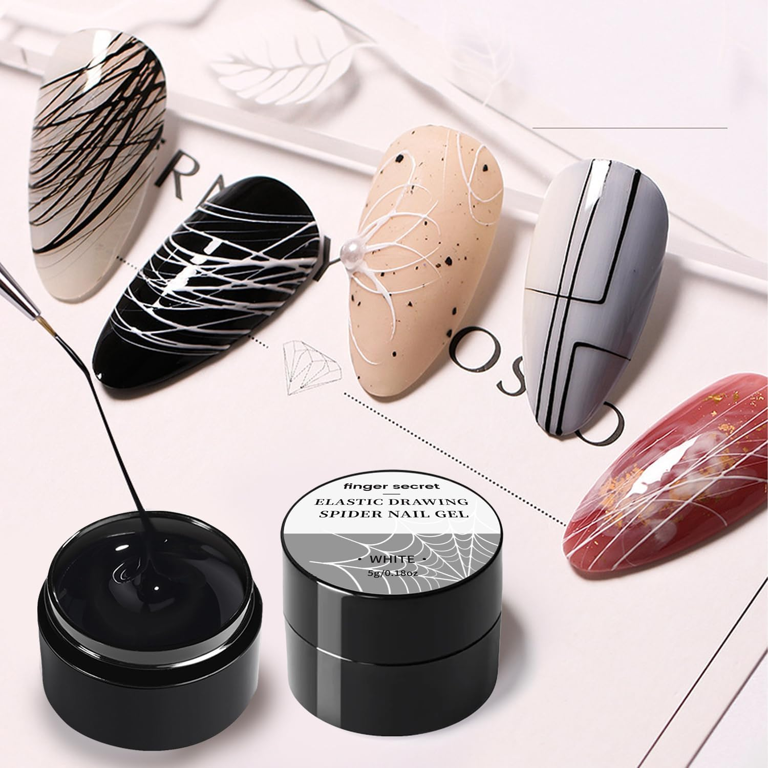 Finger Secret Spider Nail Gel 5G/0.18Oz,2Colors Nail Spider Gel,Spider Web Gel Nail Art,Spider Gel Drawing Gel Nail Polish Set Nail Art Wire Drawing Gel for Line with Nail Art Brushes (White Black) - 6Colors image number 6