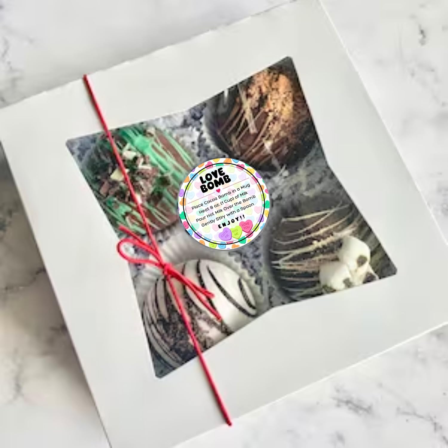 Love Bomb Stickers for Hot Cocoa Bomb Box | 250 Pc Roll Bulk Packaging 2&rdquo; Label Tag Instructions Ingredients for Holiday Valentine&rsquo;S Candy Heart Background Hot Chocolate Bomb