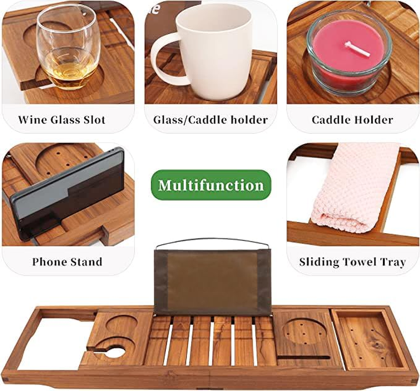 Vaefae Teak Bathtub Tray, Expandable Wooden Bath Tray for Tub with Wine and Book Holder, Solid Bathroom Caddy with Free Teak Body Brush