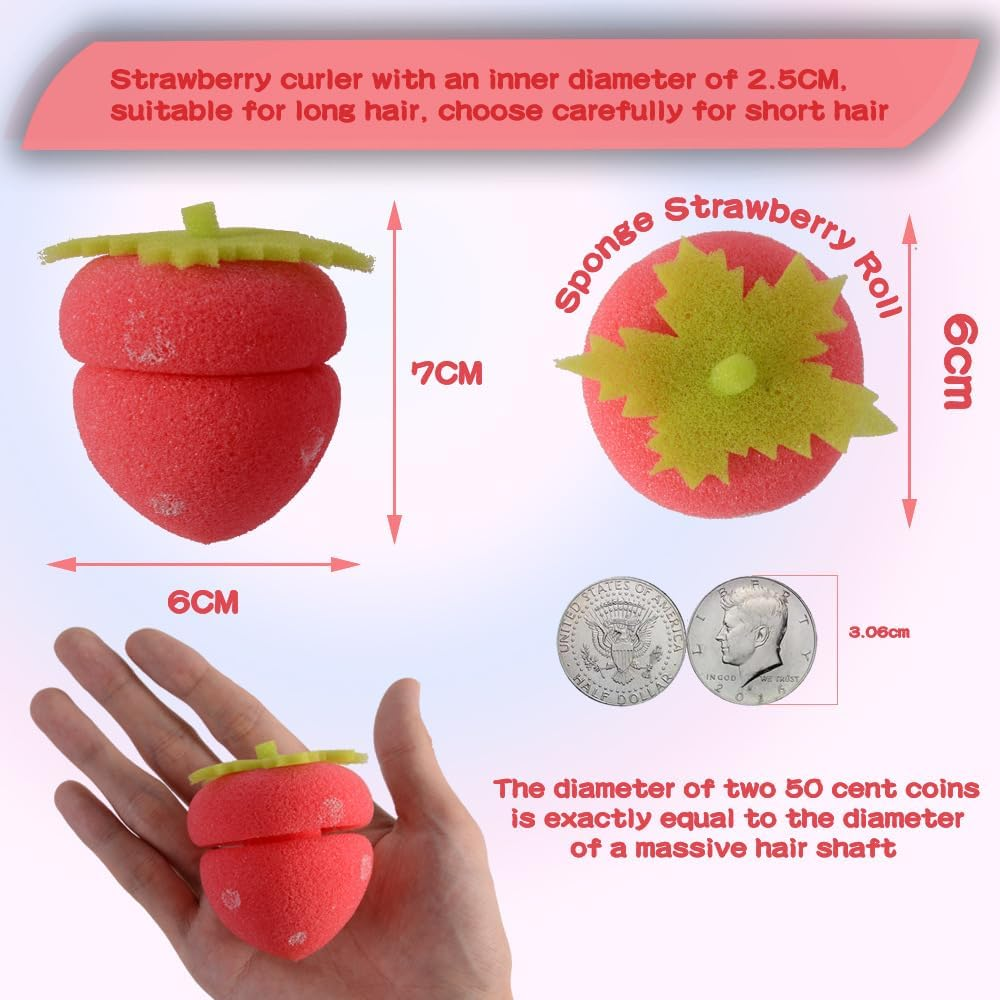 Strawberry Heatless Hair Curlers, Strawberry Heatless Curls Overnight, Strawberry Breathable Sponge Simple Curlers for Women Long Hair & Short Hair (24 Pcs,Mix) image number 4