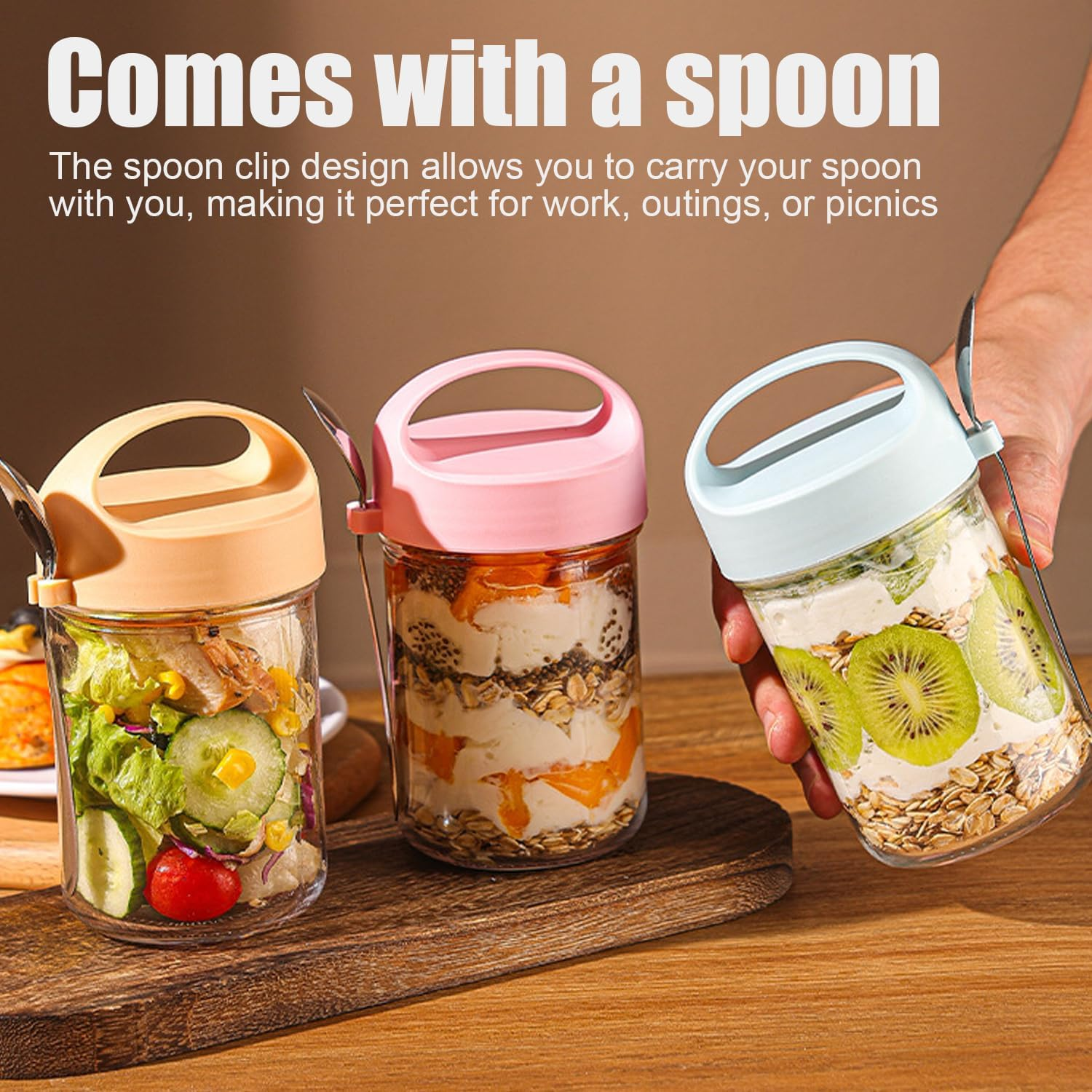 6 PCS 15OZ Overnight Oats Containers Jars with Lids and Spoons, Oatmeal Containers with Handle, Wide Mouth Glass Mason Overnight Oats Jars for Cereal Fruit Vegetable Milk Salad Yogur image number 5