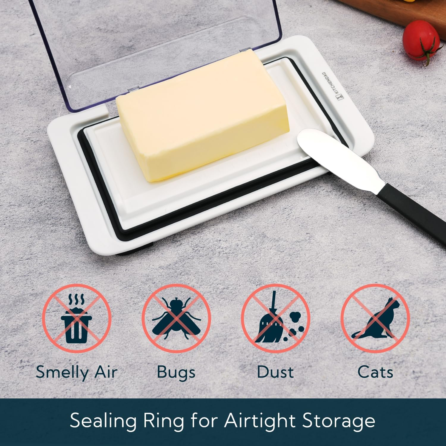 KITCHENDAO Airtight Flip-Top Butter Dish with Lid and Knife Spreader for Countertop and Refrigerator,Plastic Butter Holder Tray for 2 Sticks East Coast/West Coast/European Style/Kerrygold Butter image number 5