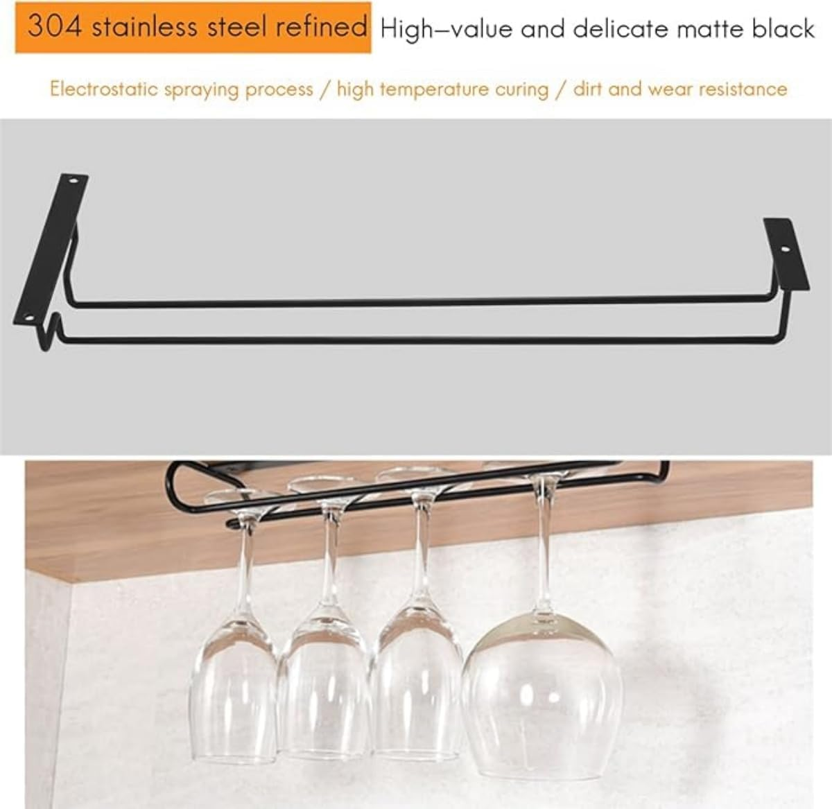 Yaoyaoling15-Inch Black Wine Glass Rack, under Cabinet Wine Glass Holder Stainless Steel Stemware Rack - Hanging Stemware Holder for Cabinet Kitchen Bar, Set of 2 image number 4