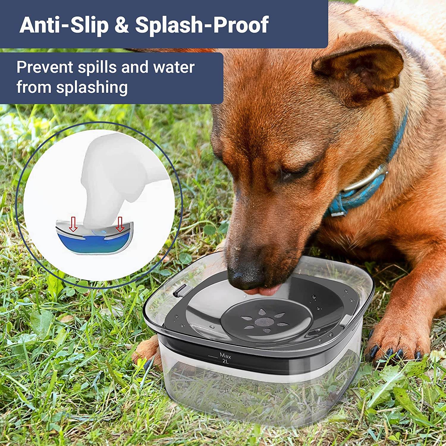 AUS Living Dog Water Bowl 2L No Spill with Non-Slip Mat, Large Capacity Floating Lid Slow Water Feeder, Avoid Mess and Slobber, Transparent Drinking Pet Water Dispenser for Home, Car. Keep Your Furry Friend Hydrated and Happy! image number 5