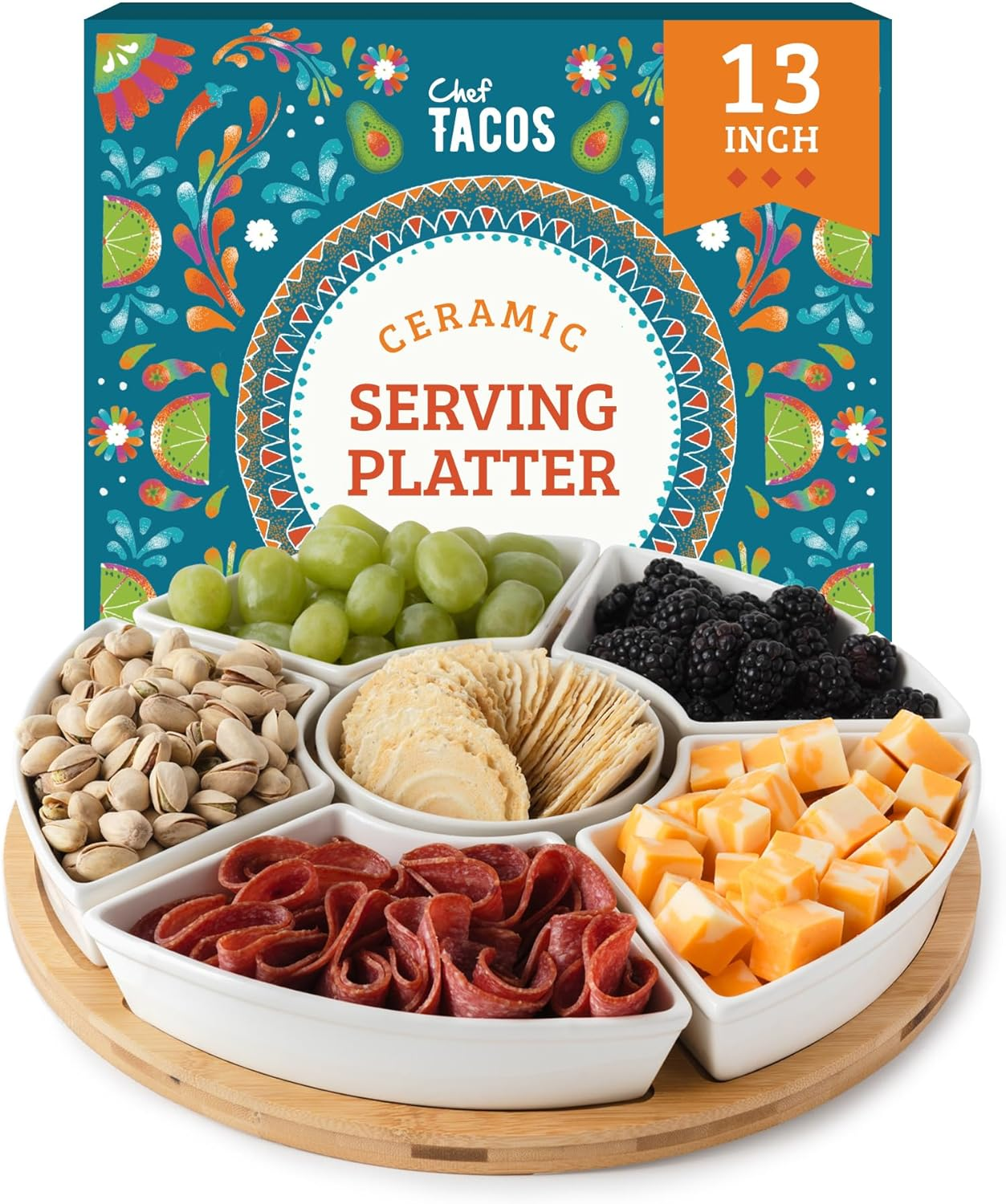 Kocktaco Ceramic Taco Tuesday Serving Platter - Divided Tray with Lazy Susan - Serving Set for Chips, Dips and Salsa image number 3