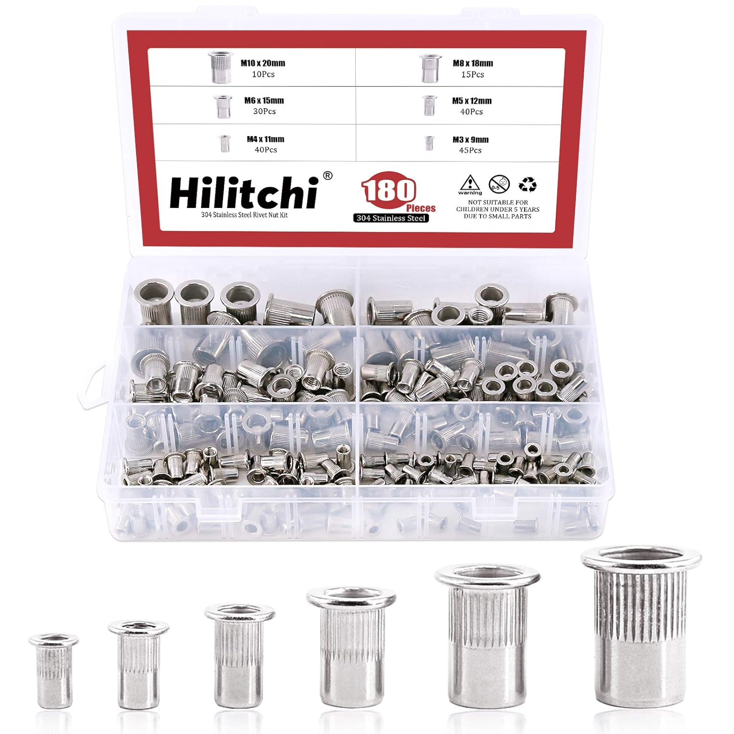 Hilitchi 180-PCS M3 M4 M5 M6 M8 M10 Flat Head Rivet Nut Threaded Rivetnut Insert Nutsert Assortment Kit- 304 Stainless Steel image number 1