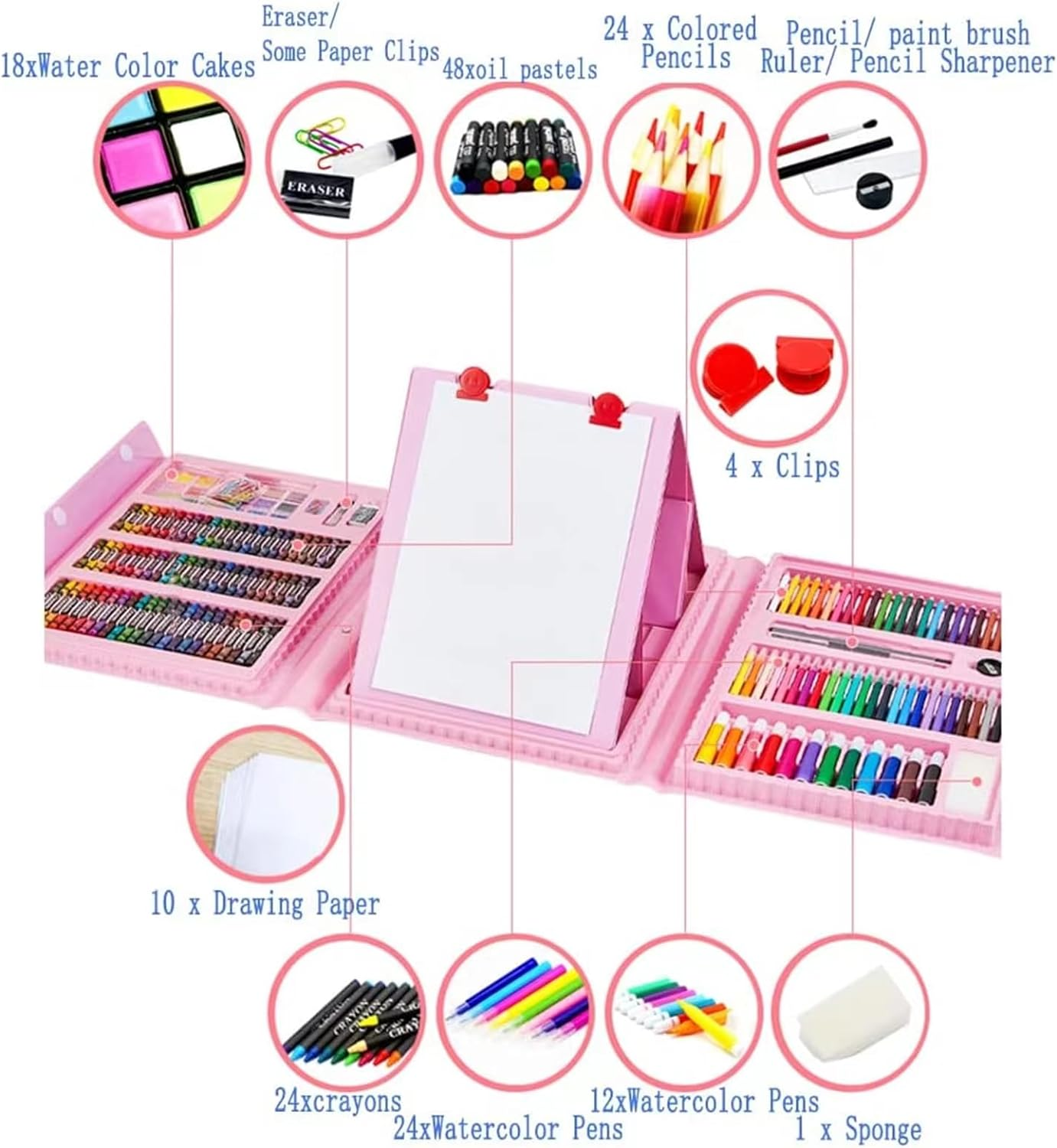 ZDY 208 PCS Art Supplies, Drawing Art Kit for Kids Adults Art Set with Double Sided Trifold Easel, Oil Pastels, Crayons, Colored Pencils, Watercolor Pens Girls Boys Artist,Pink image number 4