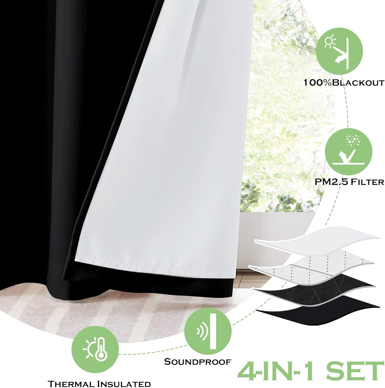 KGORGE anti Dust Soundproof 100% Blackout Curtains 4 Layers Heavy Duty Energy Efficiency Window Curtains for Living Room Baby Bedroom Home Office Studio, Wide 52 X Long 95 Inches, Black, 2 Panels image number 2