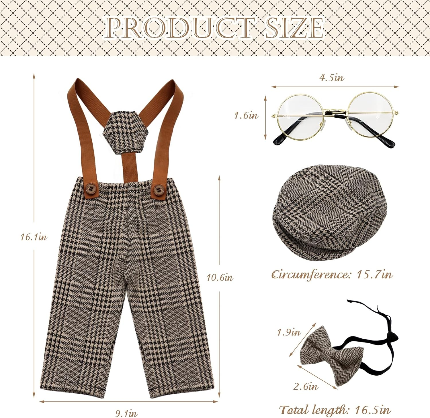 SPOKKI 4 Pcs Newborn Baby Photo Props, Lattice Rompers Suspender Pants with Beret Glasses Bow Tie for Infant Boys' Costumes, Newborn Boy Photography Outfit Set, Checked Fabric Gentleman Suit (Brown)