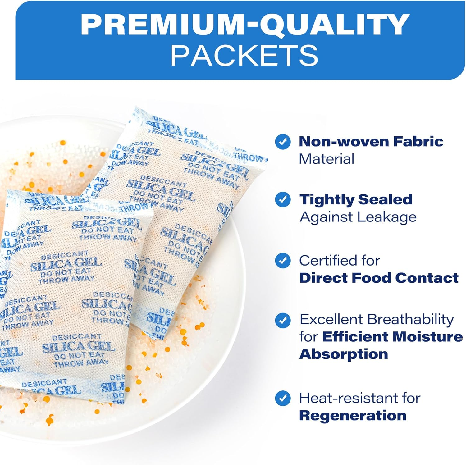 100Packs Mixed Indicating Silica Gel Packets, (3-50G) Rechargeable Desiccant Packets and Dehumidifier with Orange Color Indicating, Food Safe Silica Gel for Moisture Abosrber image number 4