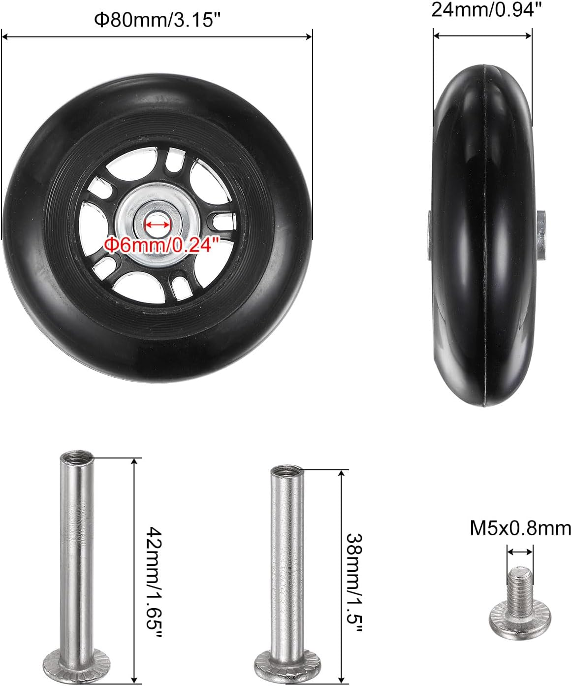 Sourcing Map Replacement Luggage Wheels 80X24Mm Suitcase Wheel Repair Kits Include 2 PU Bearing Wheels & Washers, Wrenches & Axle Screw for Trolley Bag, Inline Skate and Caster Board image number 1