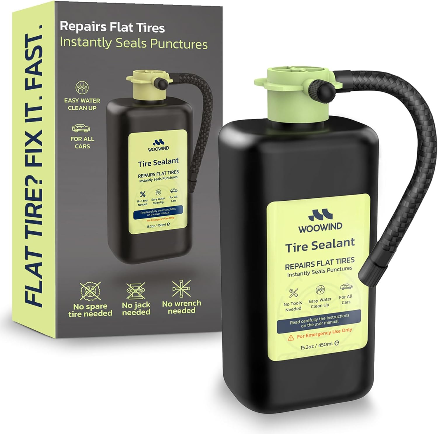 Woowind Tyre Sealant Instant Flat Tire Repair Kit (450Ml) &ndash; Seals Punctures up to 5Mm for Cars, Trucks & Suvs &ndash; TPMS Safe, No Tools Needed, All-Weather, Works with Most Inflators, Drive 125Mi