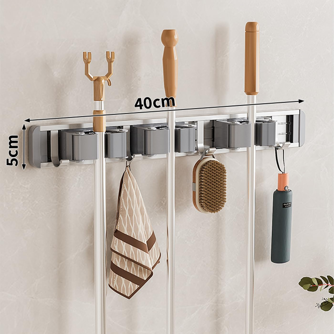 Broom Mop Holder Wall Mounted Broom Hanger Garage Organizer Storage Tool Racks Garage Storage Garden Kitchen Tool Organizer for Home Kitchen Garden Laundry（ 3 Racks 4 Hooks ） (Silver White) image number 3