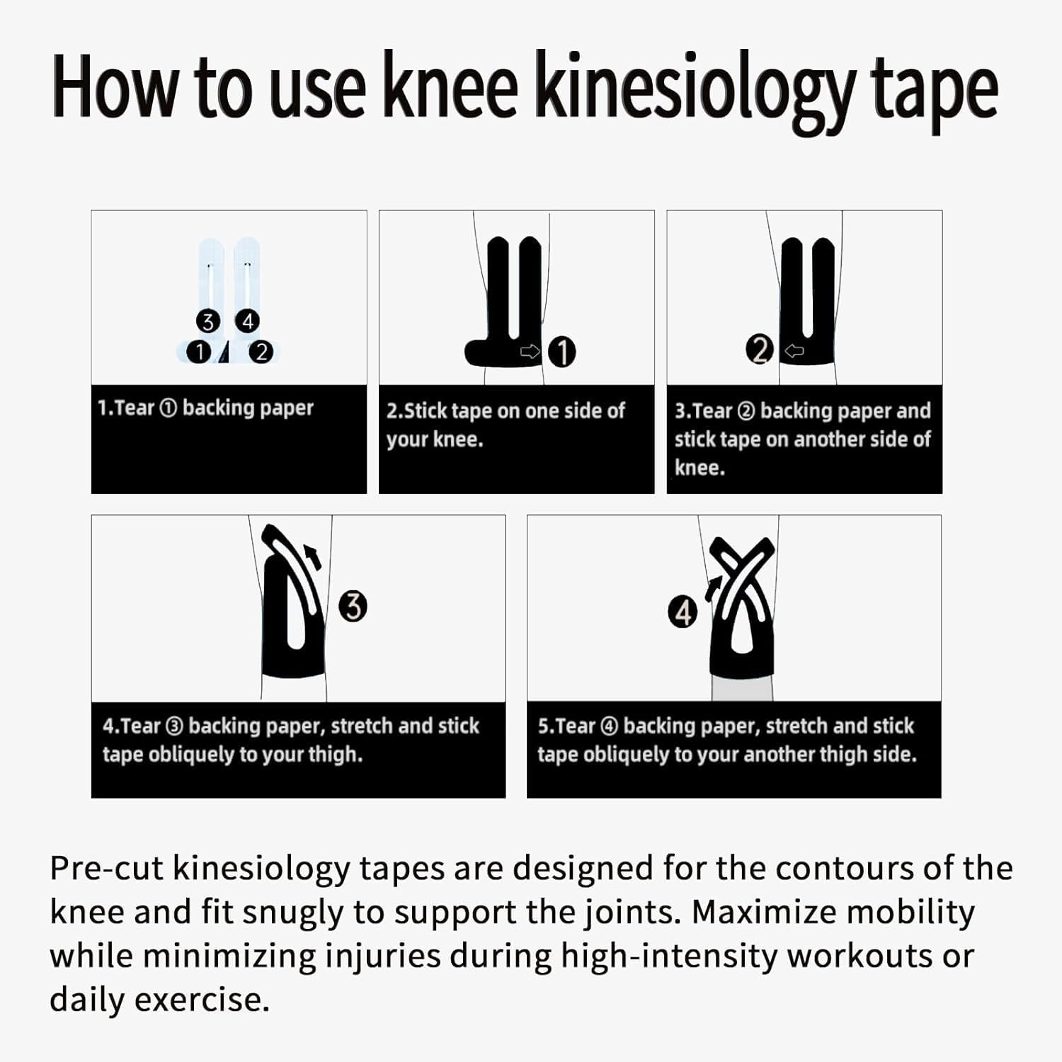 Quhoxdye Kinesiology Tape for Knees, 10 Pcs Knee Support & Stability, Knee Pain Relief Athletic Tape - Waterproof & Elastic, Breathable Hypoallergenic Latex-Free Tape, (Black) image number 2