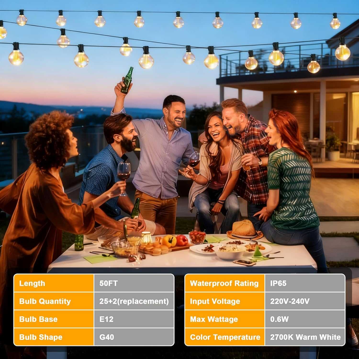 Cozylady Festoon Lights Outdoor 15+2M, String Light with 25+2 G40 Waterproof Shatterproof Bulbs, Plug-In Outdoor Light, Fairy Light for Garden Yard Wedding Party Balcony image number 4