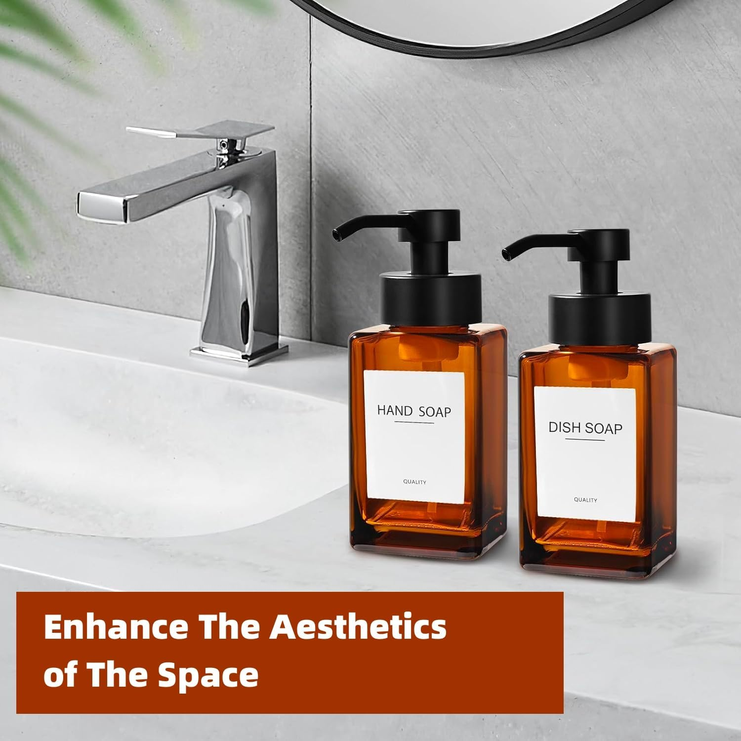 2Pcs Refillable Foam Soap Dispenser with Foaming Pump ，12Oz/350Ml Glass Foaming Hand Soap Dispenser Set，With Foaming Pump for Bathroom, Kitchen (Amber) - Amber image number 2