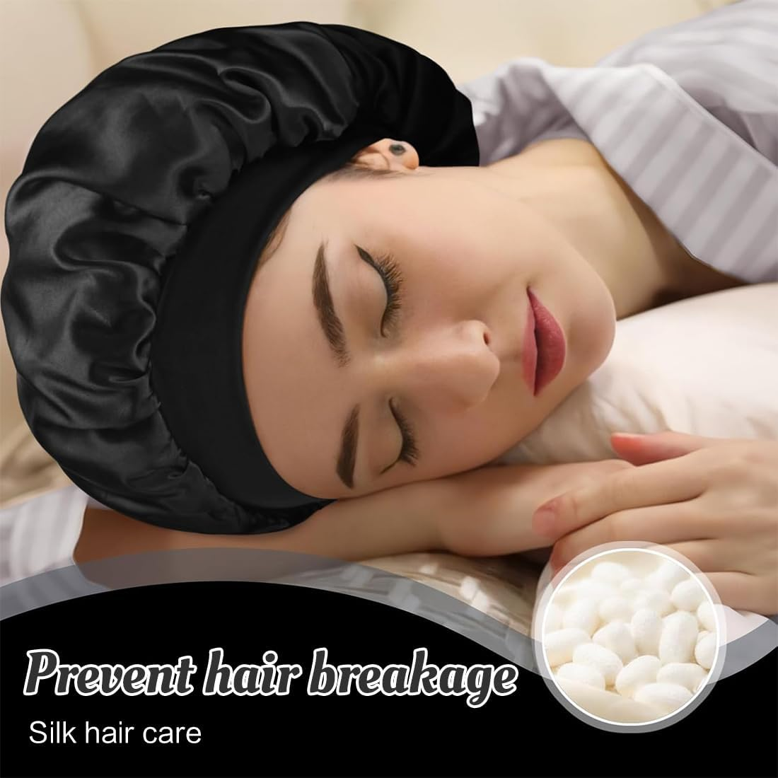 DWFEYOI Satin Sleeping Cap, Pack of 2 Silk Caps, Adjustable Hair Cap, Silk with 2 Satin Hair Bobbles, Night Sleep Cap, Women Girls Breathable Sleeping Cap, Sleeping Cap (Black, Pink) image number 4