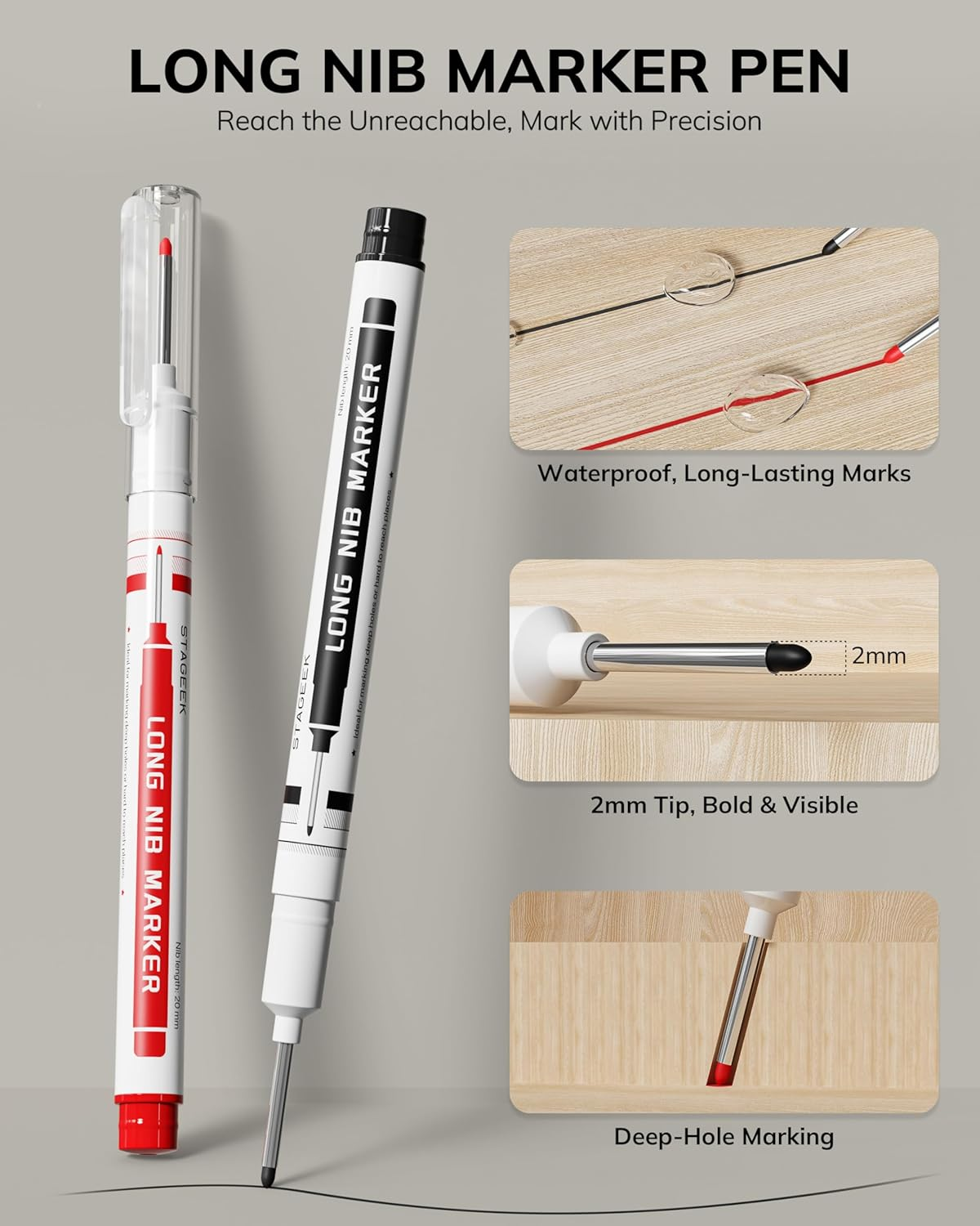 STAGEEK 2PCS Carpenter Pencils with Sharpener, Heavy Duty Woodworking Tools, Mechanical Pencil Set with 26 Refills, Deep Hole Long Nib Marker Pens for Architect Marking with Case (Black, Red)