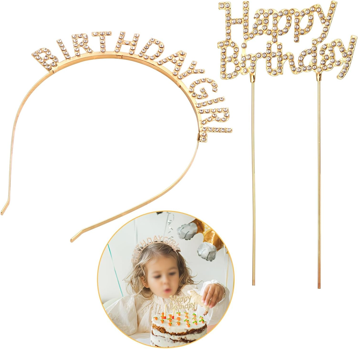 Mynoozi 2PCS Birthday Headband and Cake Topper Kit,Crown Happy Birthday Headband for Women Girls,Rhinestone Happy Birthday Accessories,Cake Decoration-Iron Gold image number 5