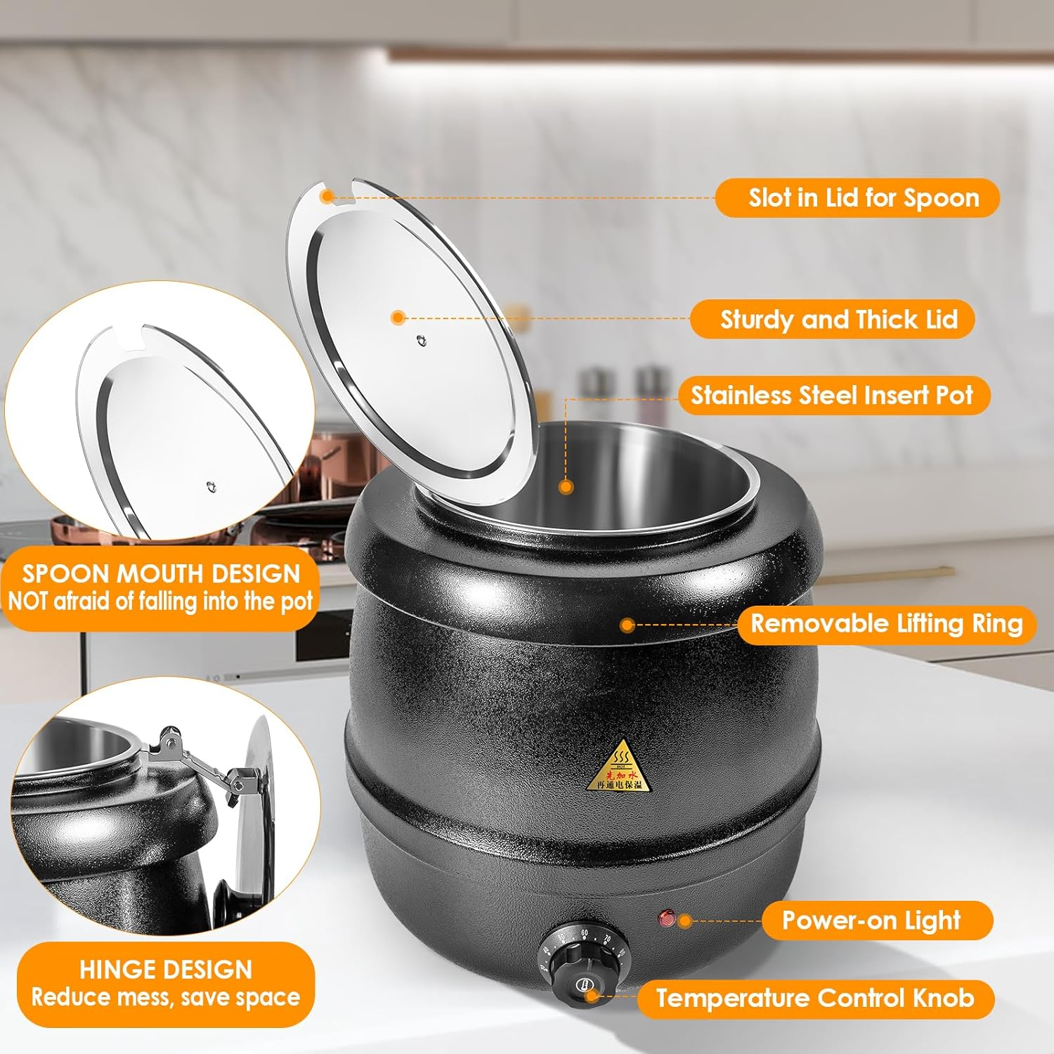 LZONEY 10.5Qt Soup Warmers Commercial Soup Kettle Cast Iron 220V with Stainless Steel Hinged Lid and Detachable Insert Pot 10L, Electric Soup Pot Temperature Control for Restaurants and Party, Home image number 2