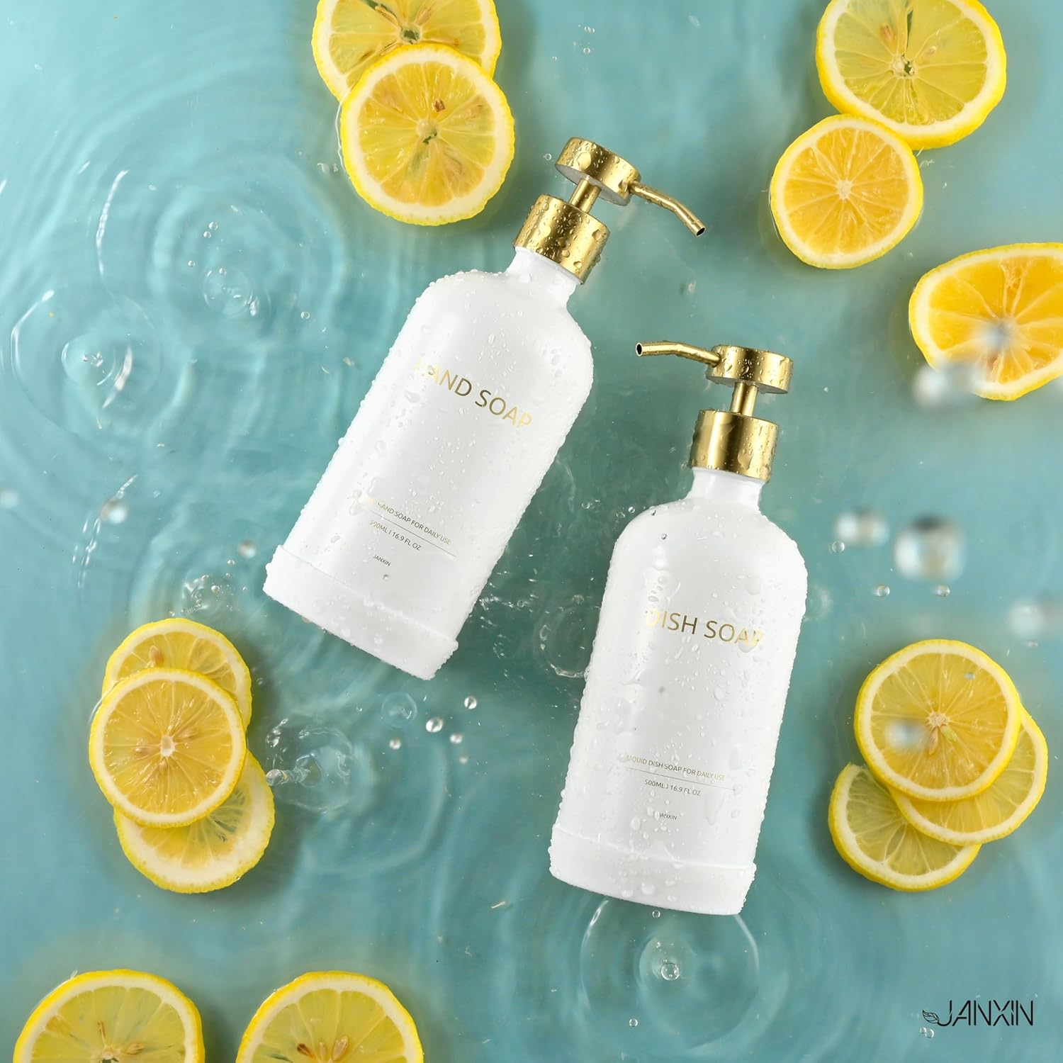 500 Ml Glass Soap Dispenser with Dispenser Tray, Soap Dispenser Set, Suitable for Kitchen, Shower (White + Gold Head) - White Bottle + Gold Head image number 6