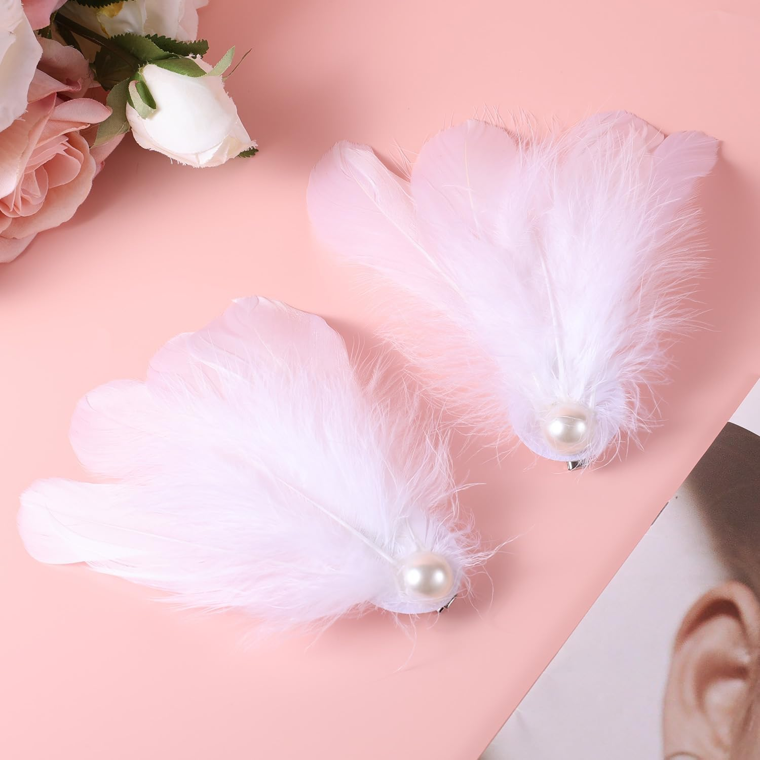 Gosknor 2Pcs White Swan Feathers Barrettes, Ballet Swan Lake Headpiece, Ostrich Feathers Hairpin for Stage Performances, Cosplay Costume image number 3