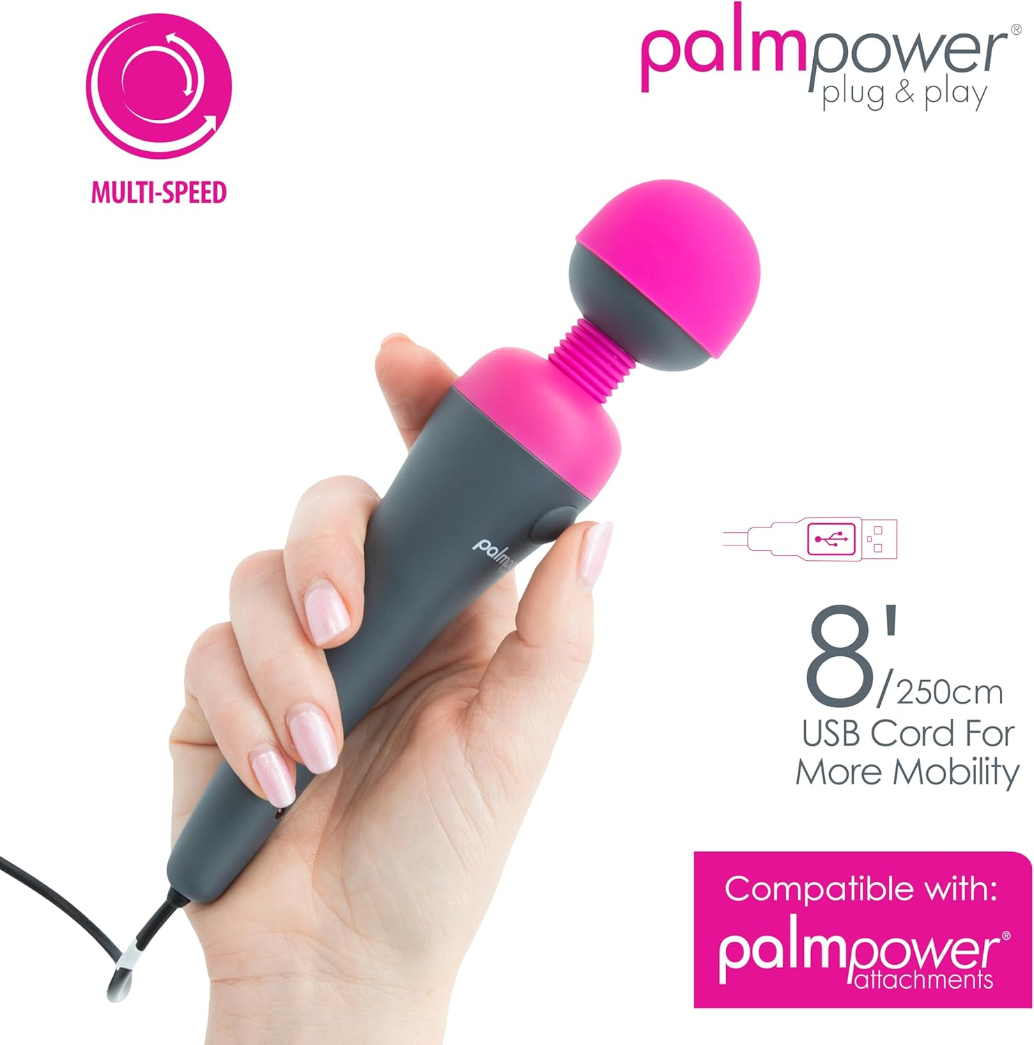 Palmpower Massage Wand Plug & Play USB, Pink image number 2