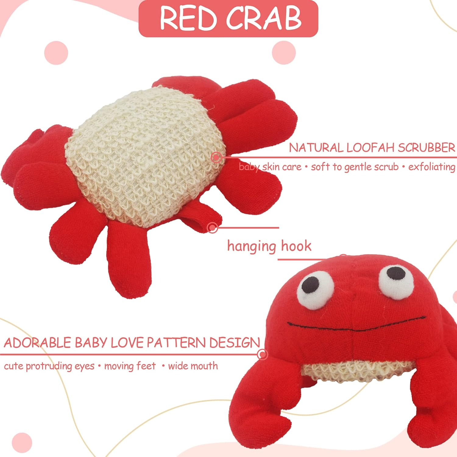 Bleu Bath (2 Pack) Animal Body Scrubber Natural Linen Shower Ball for Toddler Kids Gentle Exfoliating Bath Sponge Loofah Pouf in Yellow Starfish Red Crab with Cute Big Eyes Design image number 2