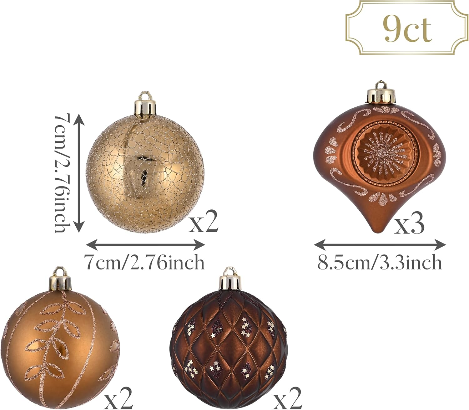 Valery Madelyn Christmas Ball Ornaments for Valentines Day, 9Ct Bronze Copper Brown and Gold Shatterproof Christmas Tree Decorations Set, 2.76 Inches Luxury Hanging Ornaments for Xmas Holiday Decor image number 5