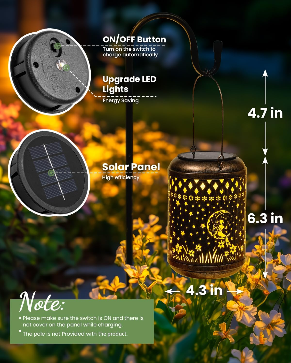 Solar Hanging Lanterns 2 Pack Waterproof Fairy Garden Lights Outdoor Decor Metal Solar Lanterns for Patio Yard Garden image number 4