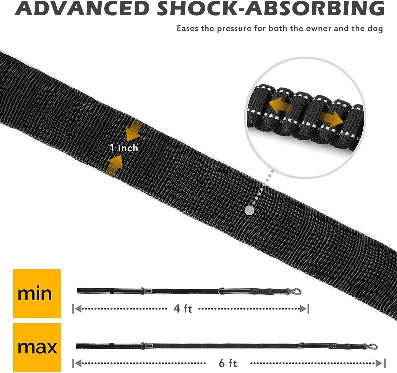 Fashion&Cool Heavy Duty Dog Leash Especially Large Dogs up to 150Lbs, 4-6 Ft Reflective Dog Walking Training Shock Absorbing Bungee Leash Car Seat Belt Buckle, 2 Padded Traffic Handle Extra Control image number 3