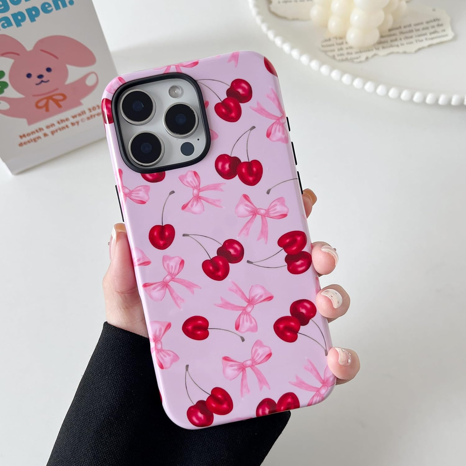 DEFBSC Case for Iphone 16 Pro Max, Cute Pink Bow Cherry Print Aesthetic Trendy Pattern for Women Girls Slim Durable Bumper Shockproof Hybrid Hard Back Phone Cover, Big Ribbon/Glossy image number 2