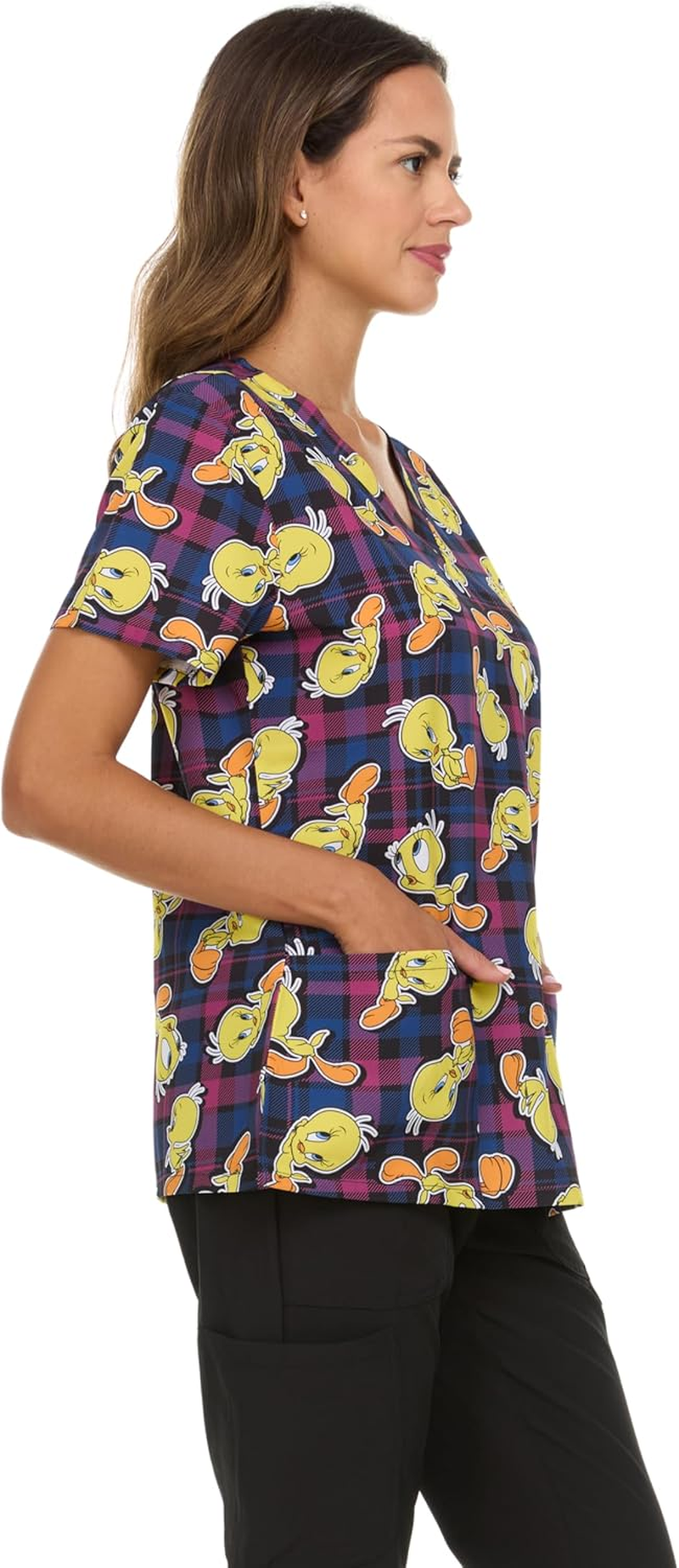 COCO BRANDS Looney Tunes Women'S All over Print, V-Neck Scrub Top with Pockets - Comfortable Work Uniform image number 2