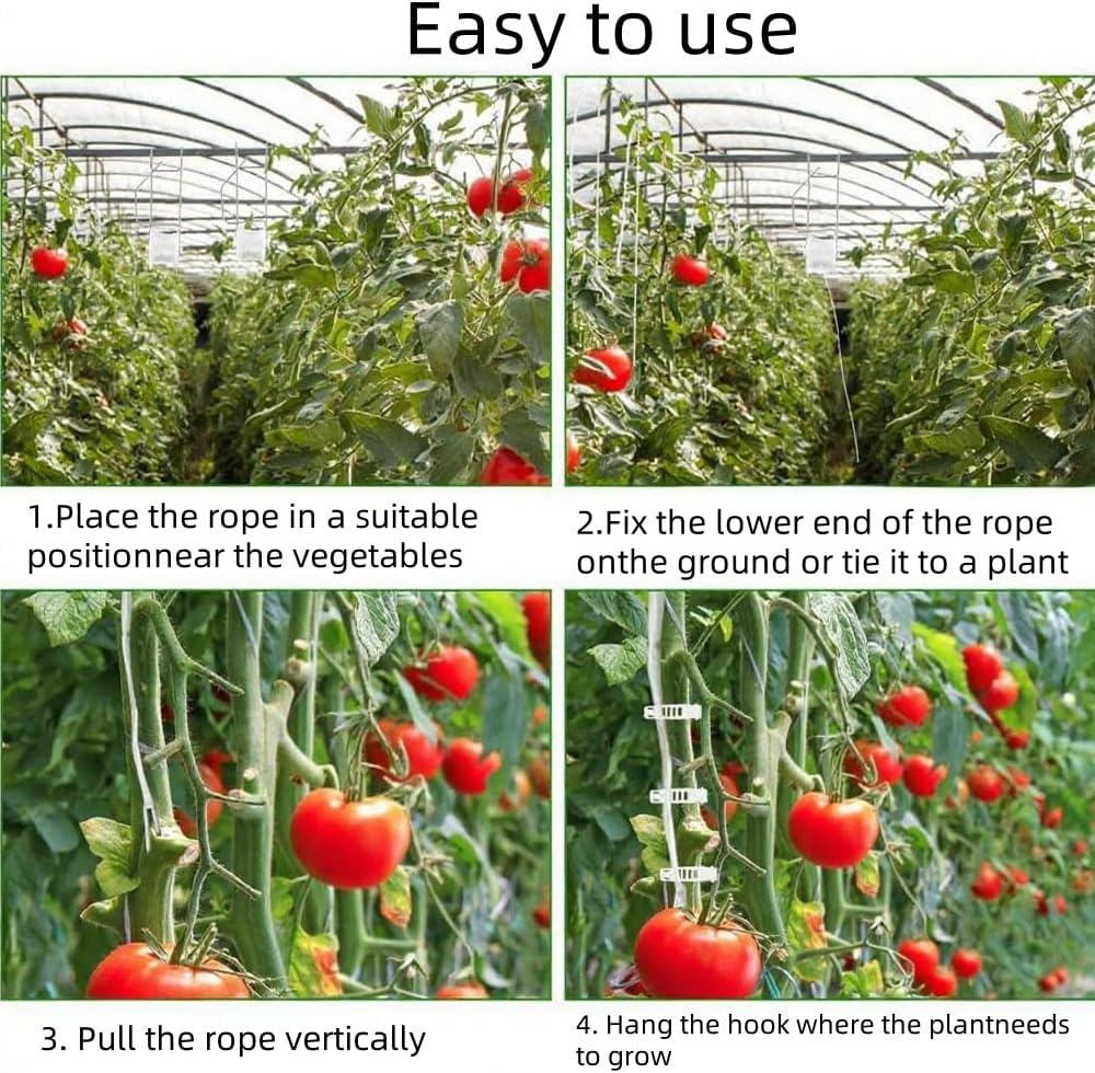 Tomato Roller Hooks with 49.2FT Twine & 100 Plastic Clips Adjustable Garden Trellis for Climbing Plants, Tomato/Cucumber/Vine Support, Rust Proof Rollerhook System (10 Pcs) image number 2