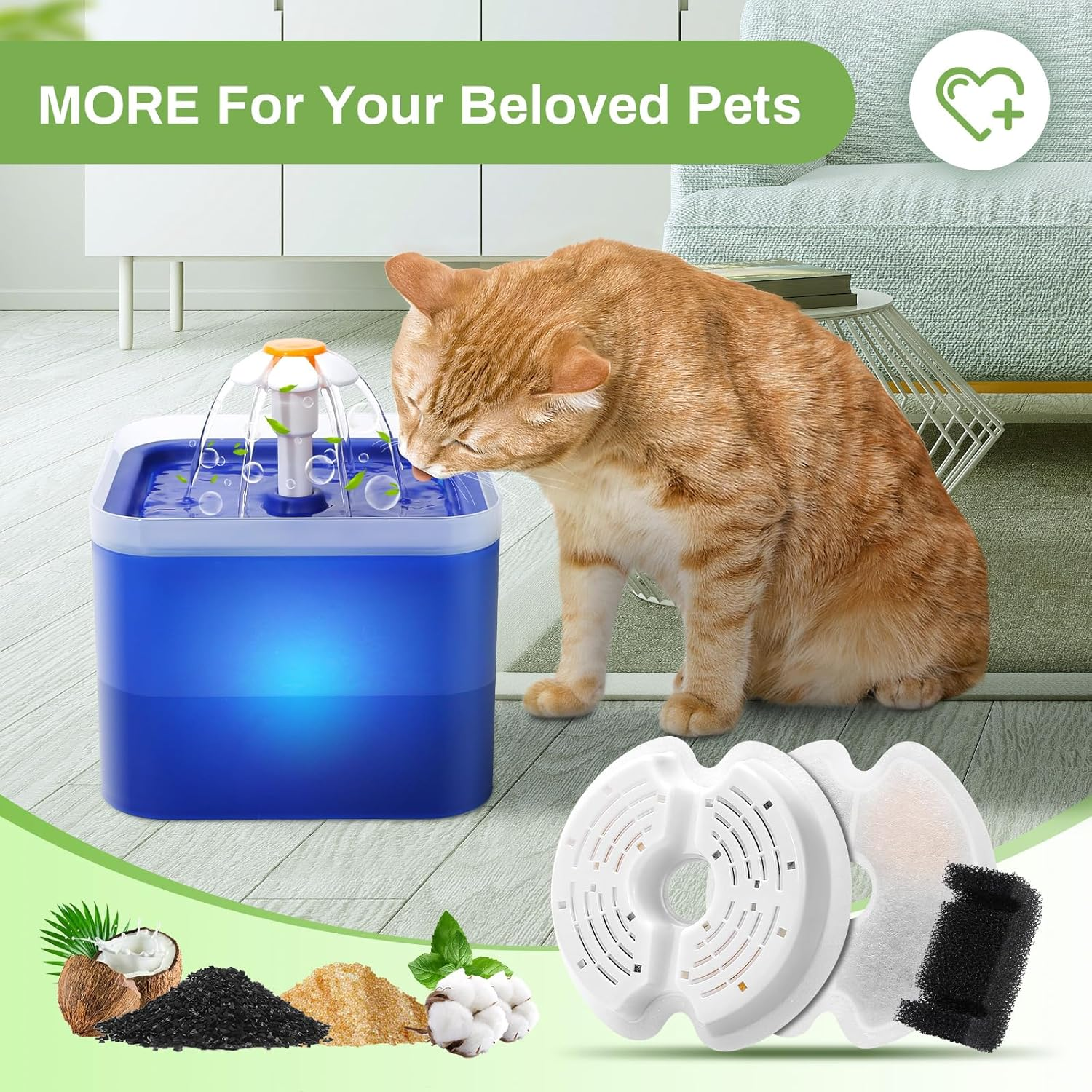 Filter for Cat Fountain, Pack of 4 Replacement Filter Drinking Fountain Filters for Cat Fountain 67Oz/2L with LED Night Light, 4 Pieces Replacement Filters & 4 Pieces Pre-Filter Sponges for 2L image number 4