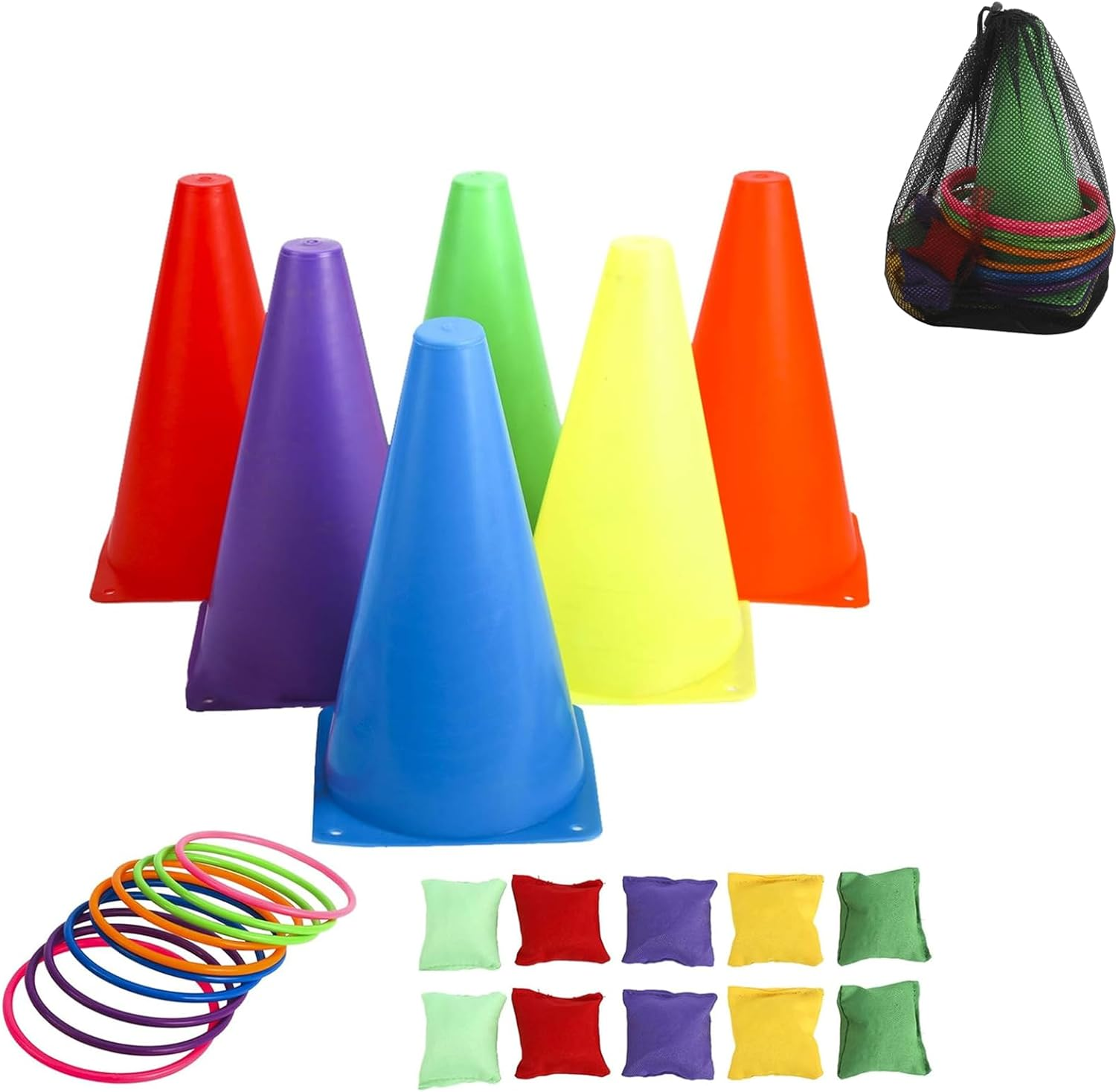 Colorful Happy Circle Game,Soft Plastic Cones Bean Bags Ring Toss Games for Kids Birthday Party Outdoor Games Supplies,6 Throwing Buckets+10 Circles+10 Beanbags+1 Storage Bag(Random Color) image number 3