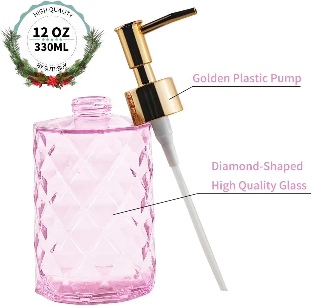 Pink Glass Hand Soap Dispenser with Gold Plastic Pump, Liquid Lotion Dispenser for Bathroom, Dish Dispenser Bottle for Kitchen Sink image number 6